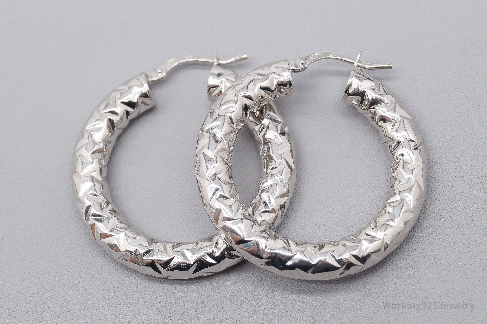 Vintage QG Textured Sterling Silver Hoop Earrings