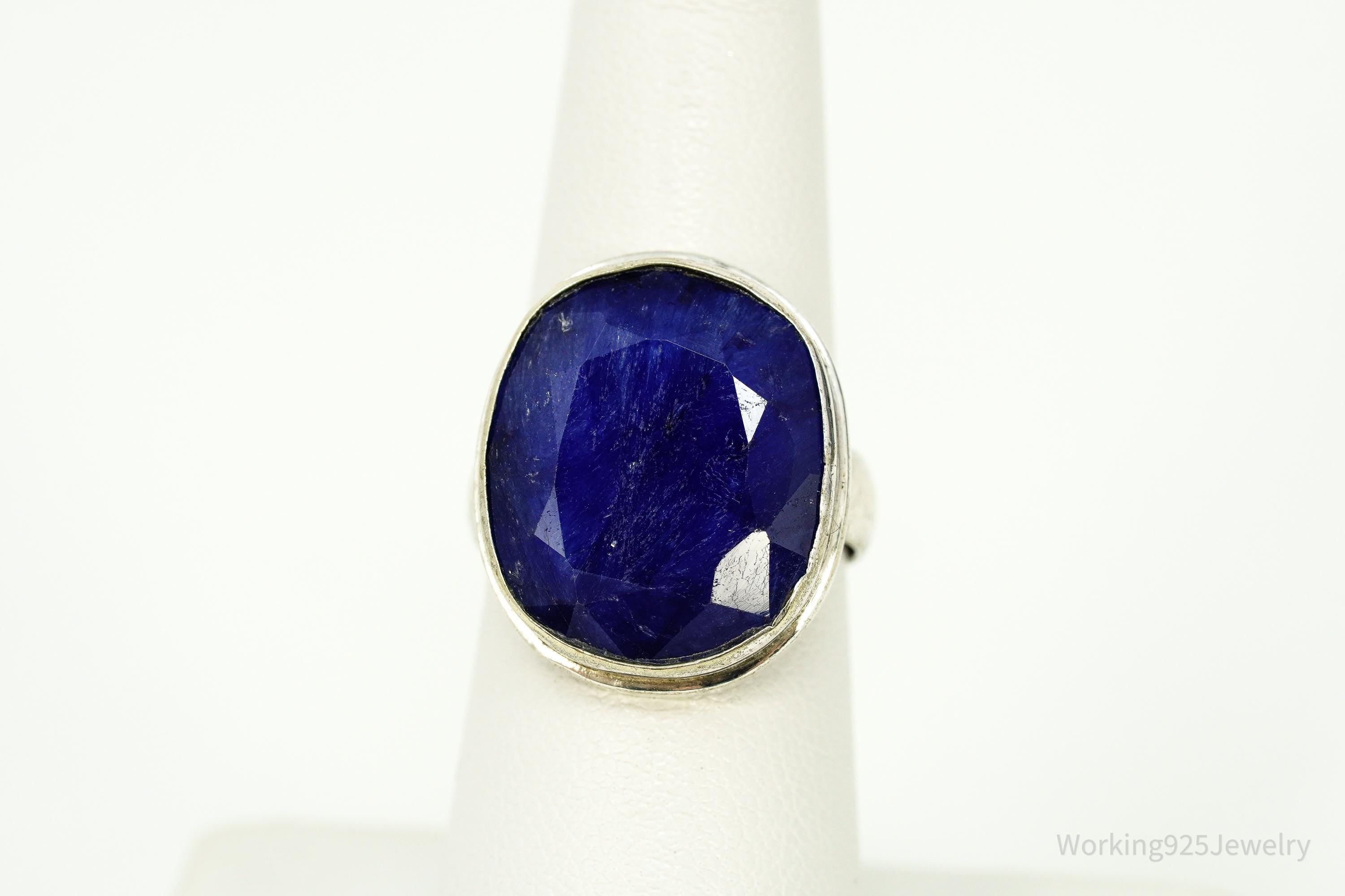 Vintage Large Natural Blue Sapphire Sterling Silver Ring - Size 7.25