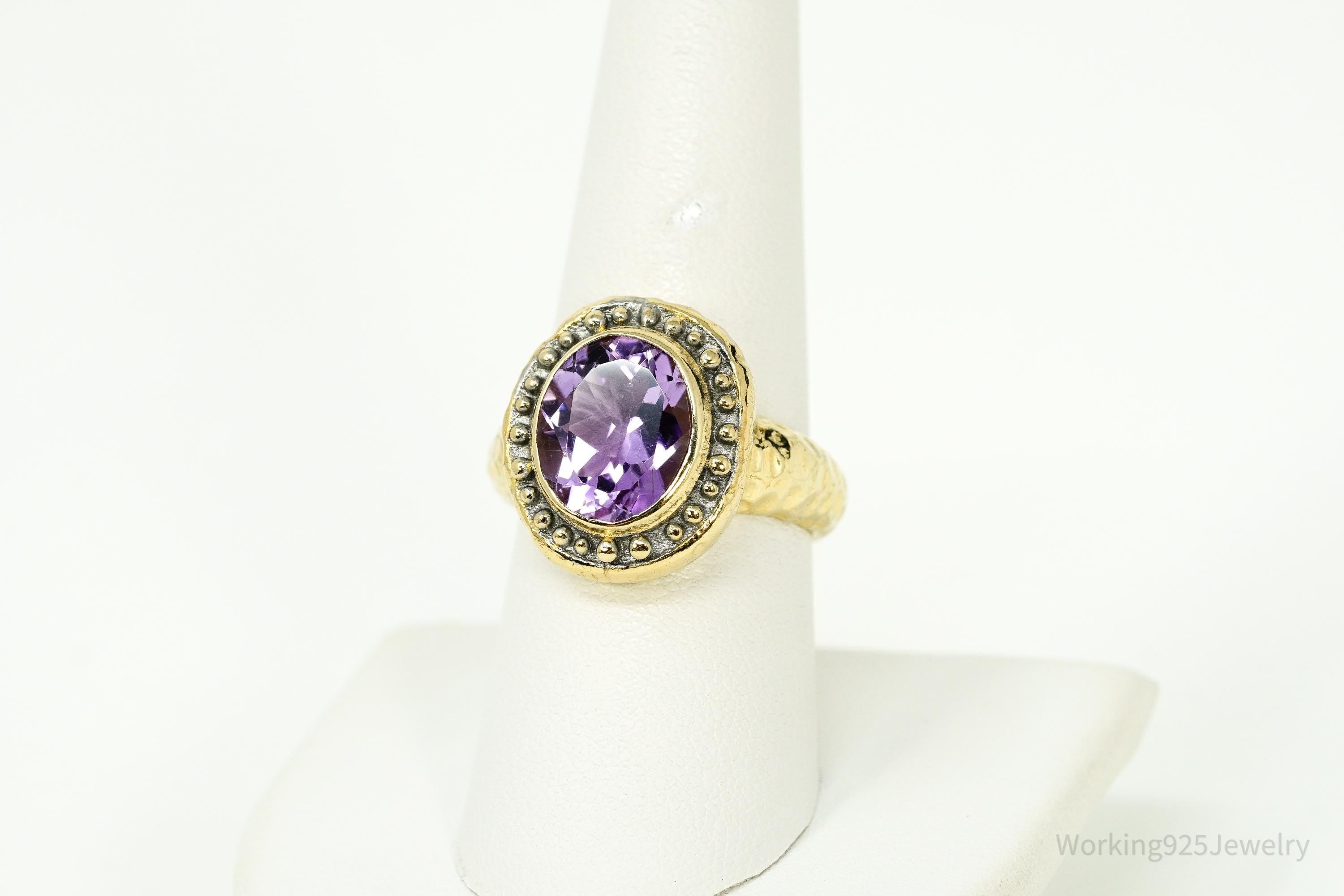 Vintage Italian Designer Amethyst Gold Vermeil Sterling Silver Ring - Size 8