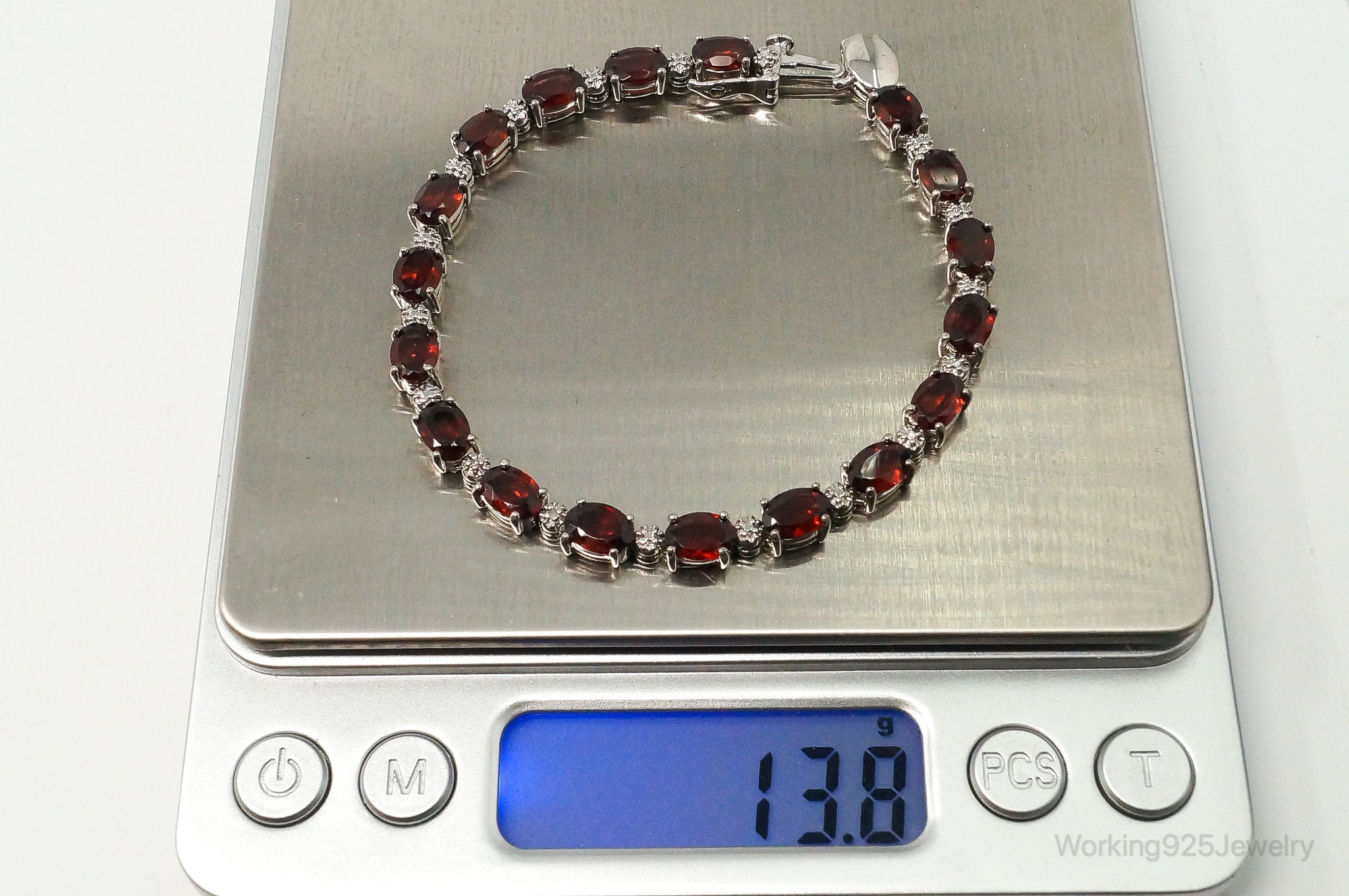 Vintage Red Garnet 2 Diamond Sterling Silver Bracelet