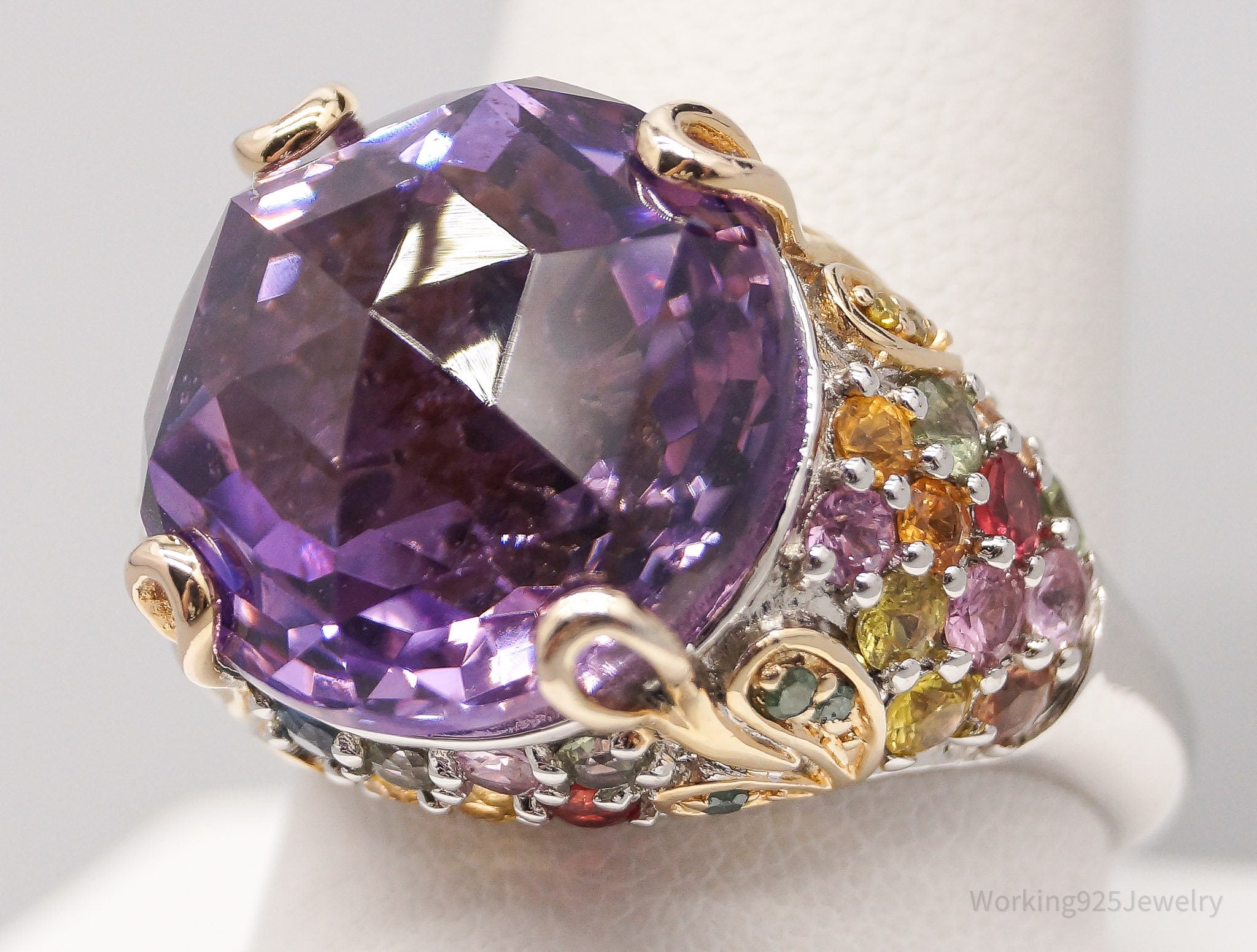 Vintage Large Amethyst Multi Color Sapphire & Diamond Gold Sterling Silver Ring - Size 9.75