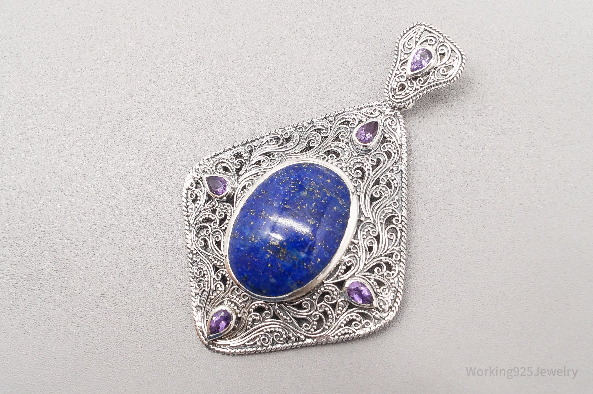 Vintage TGGC Large Lapis Lazuli Amethyst Filigree Sterling Silver Pendant