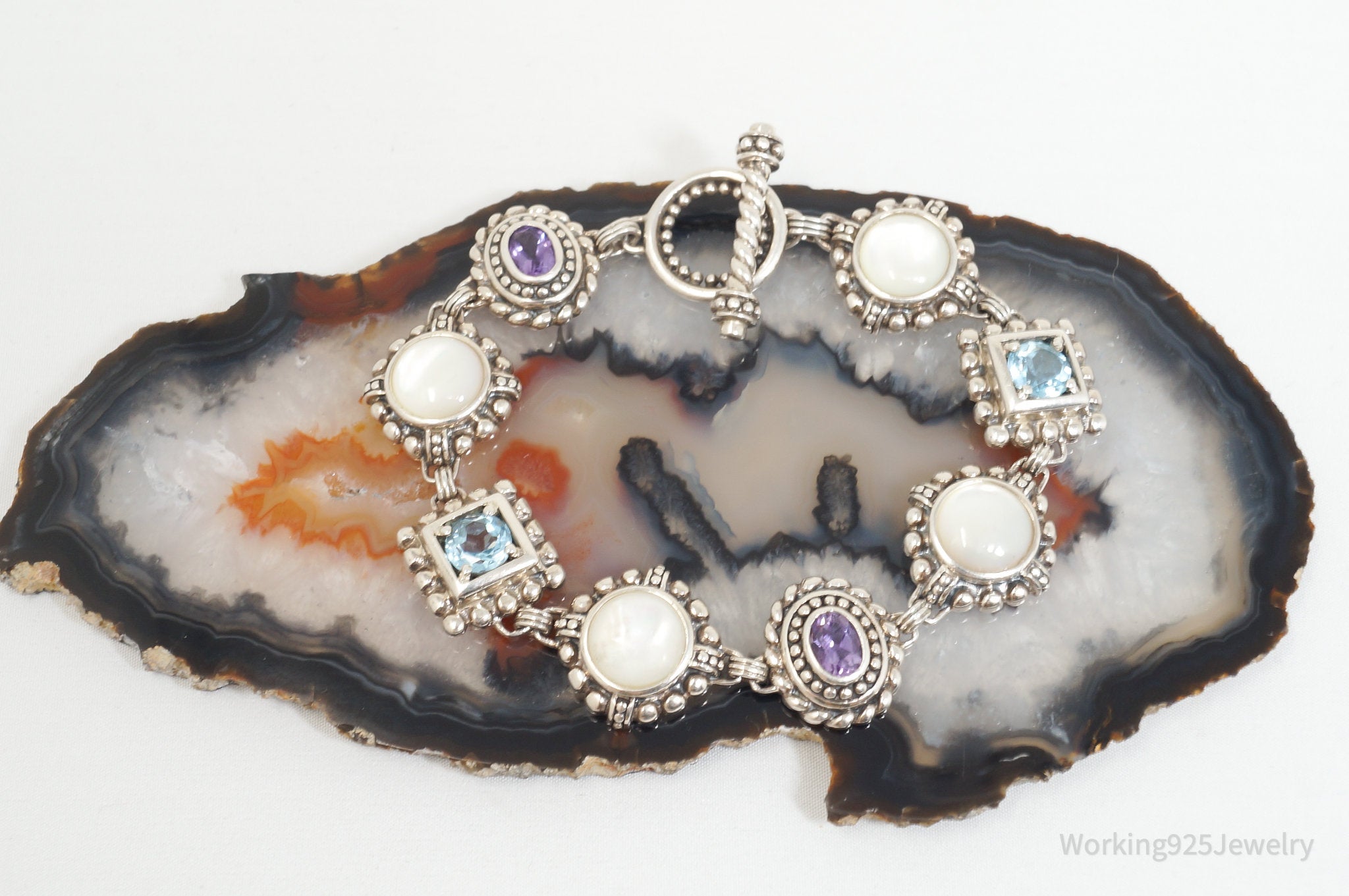 Vintage Multi Gem Amethyst Blue Topaz Mother Of Pearl Sterling Silver Bracelet