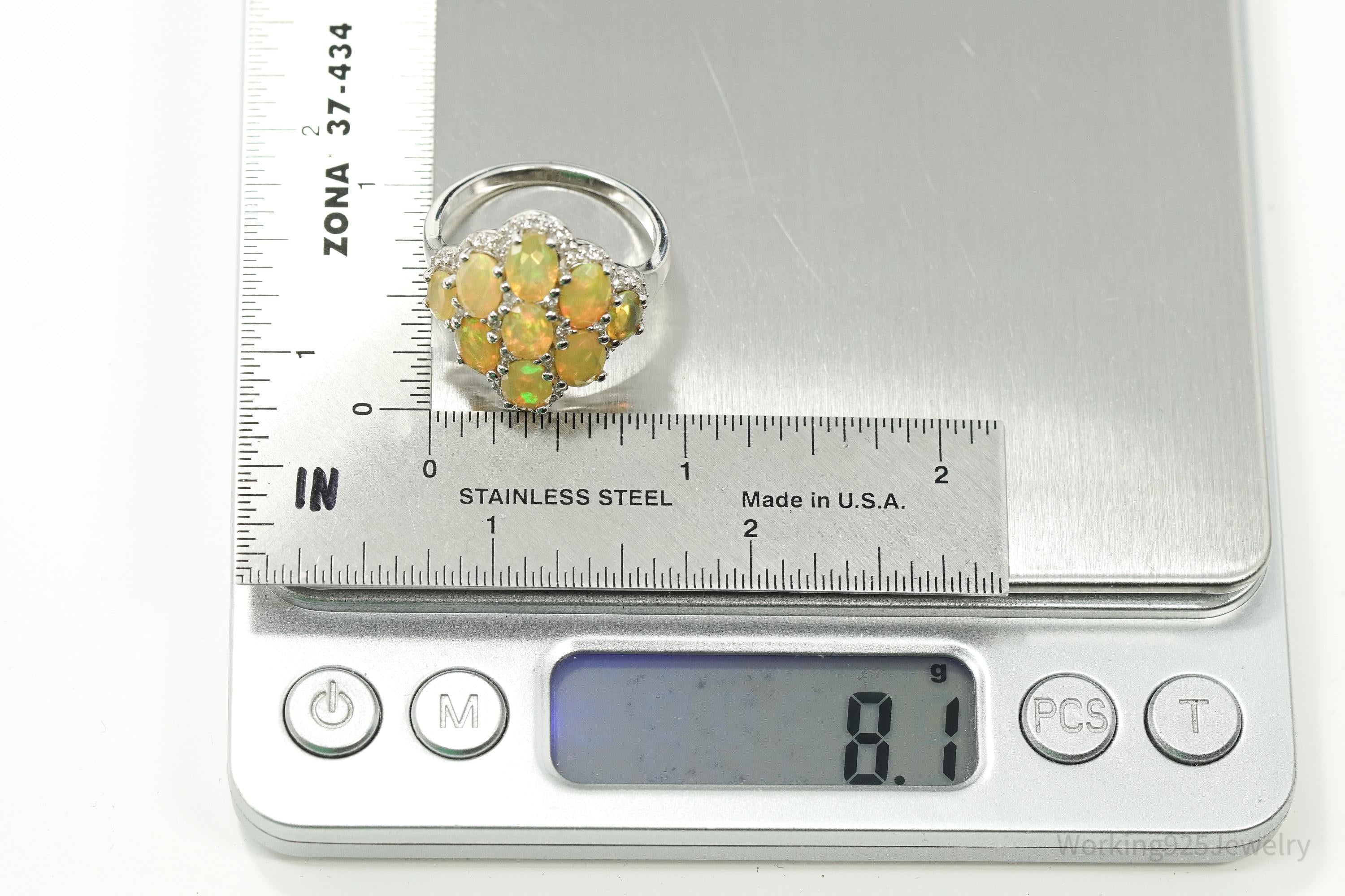Opal & White Zircon Rhodium Sterling Silver Cocktail Ring Size 11.75