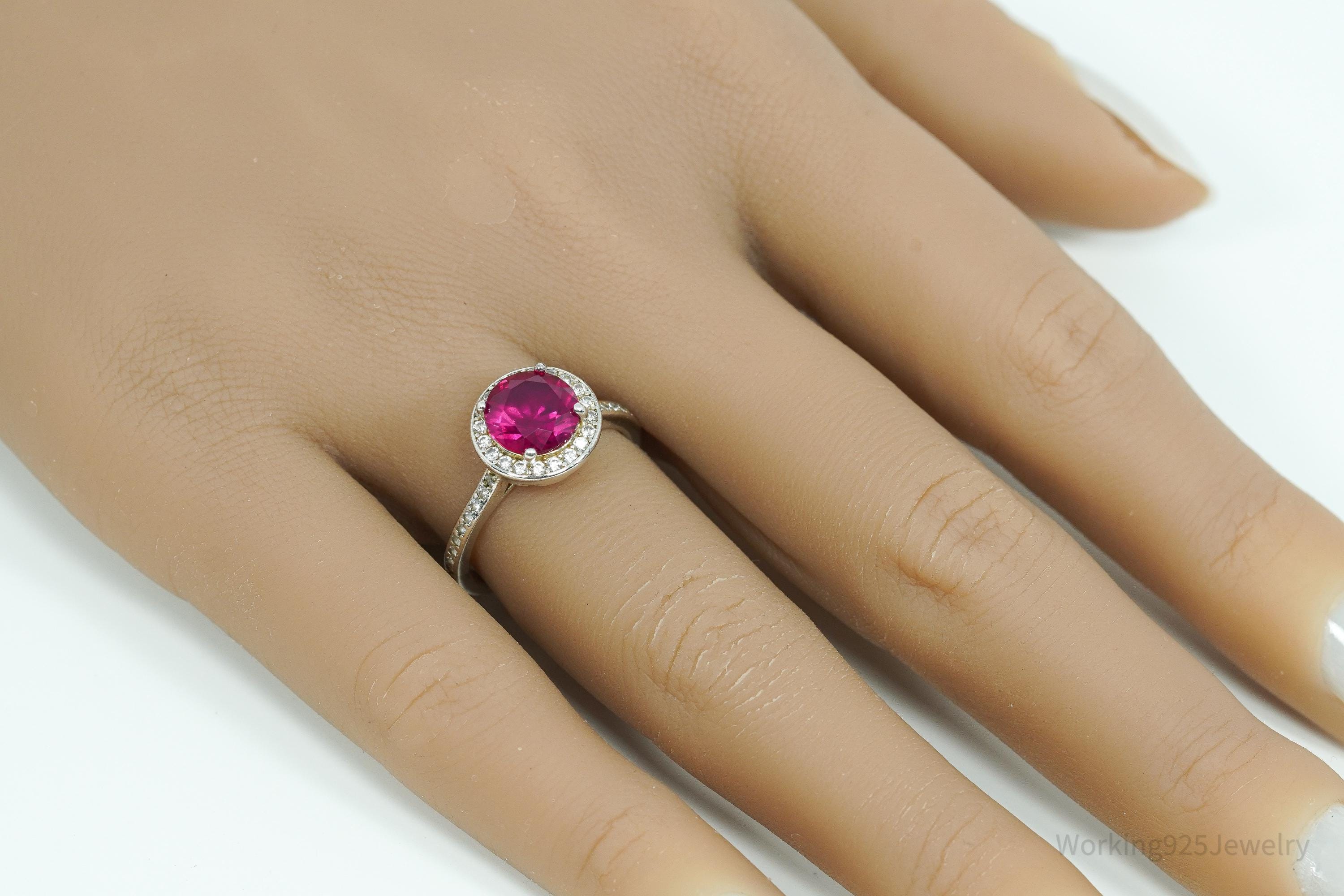 Vintage Ruby & Cubic Zirconia Sterling Silver Ring - Size 7