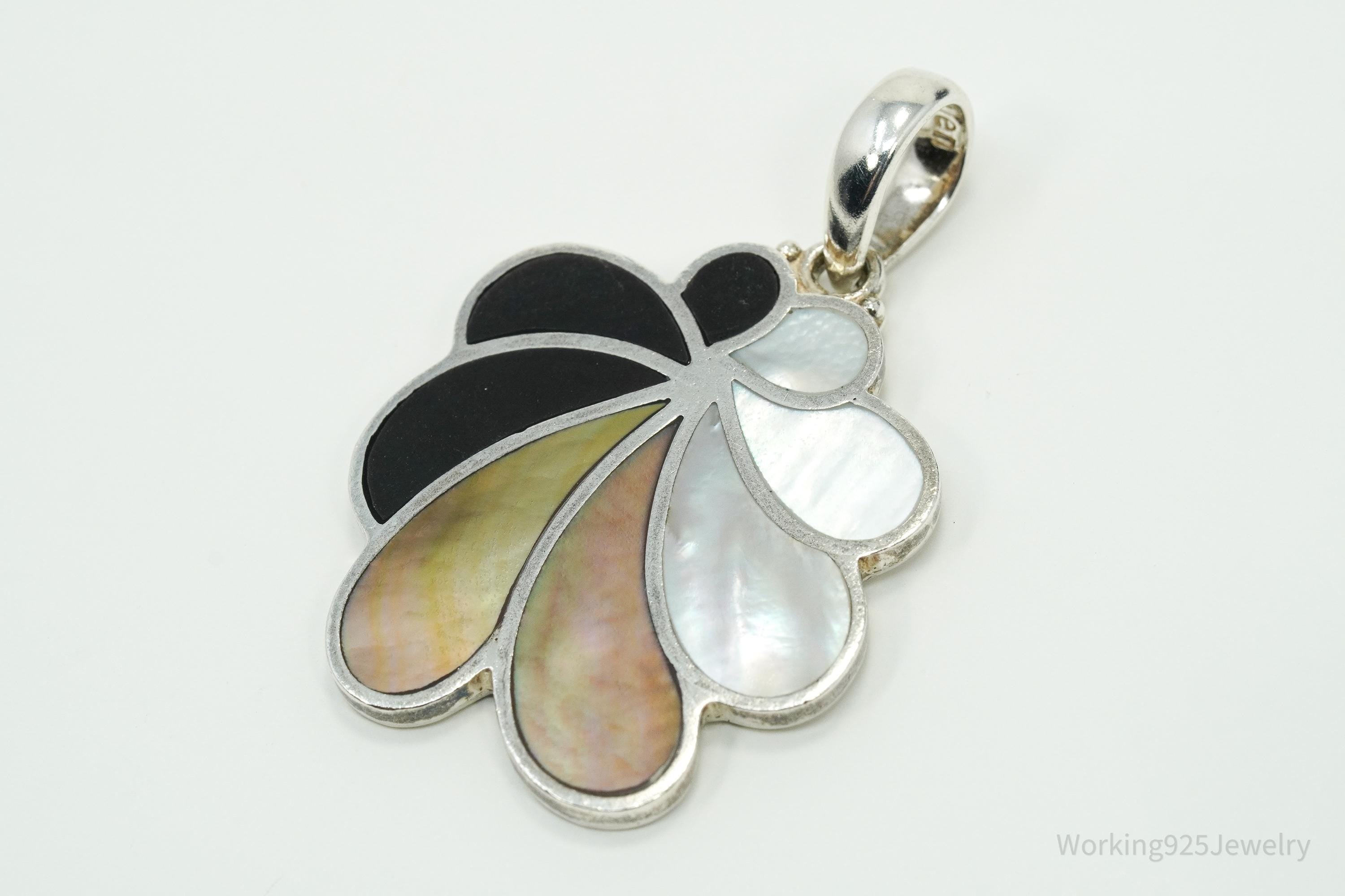 Vintage Sajen Large Mother Of Pearl Inlay Flower Sterling Silver Pendant