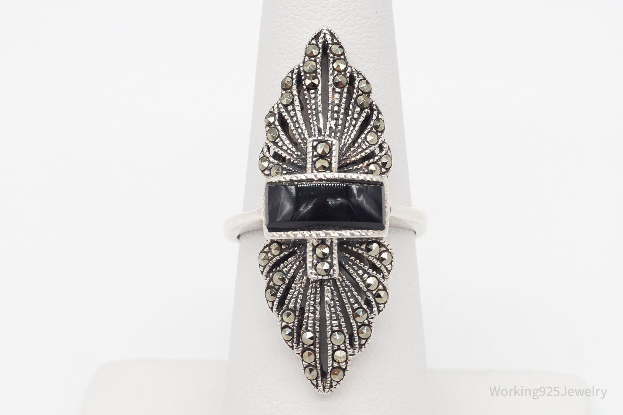 Vintage Marcasite Black Onyx Sterling Silver Ring - Size 7