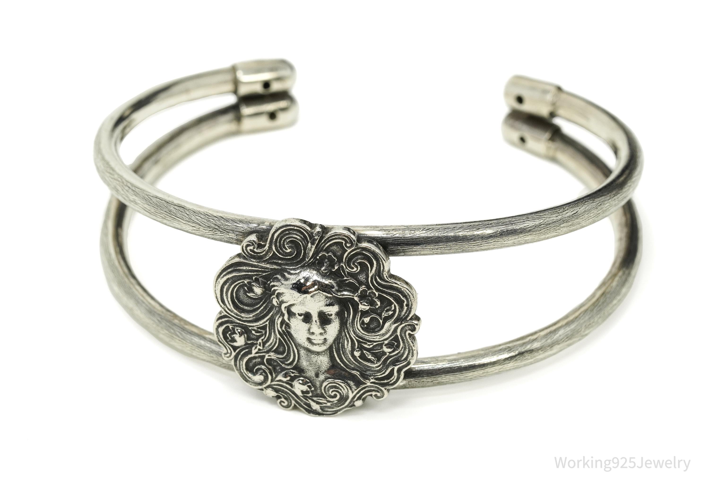 Vintage Art Nouveau Style Sterling Silver Cuff Bracelet 7.5"