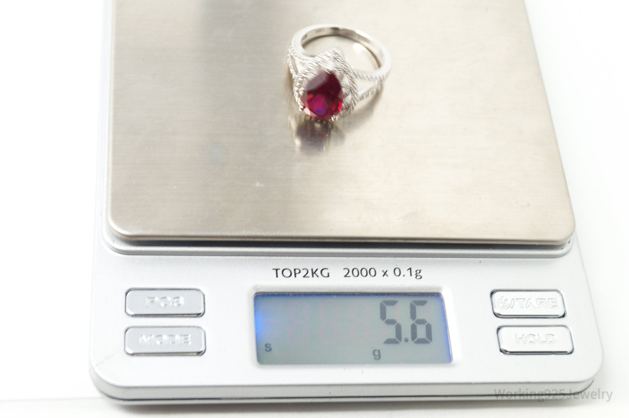 Vtg Designer DK Mid Century Style Lab Ruby CZ Ring Sterling Silver - Size 9