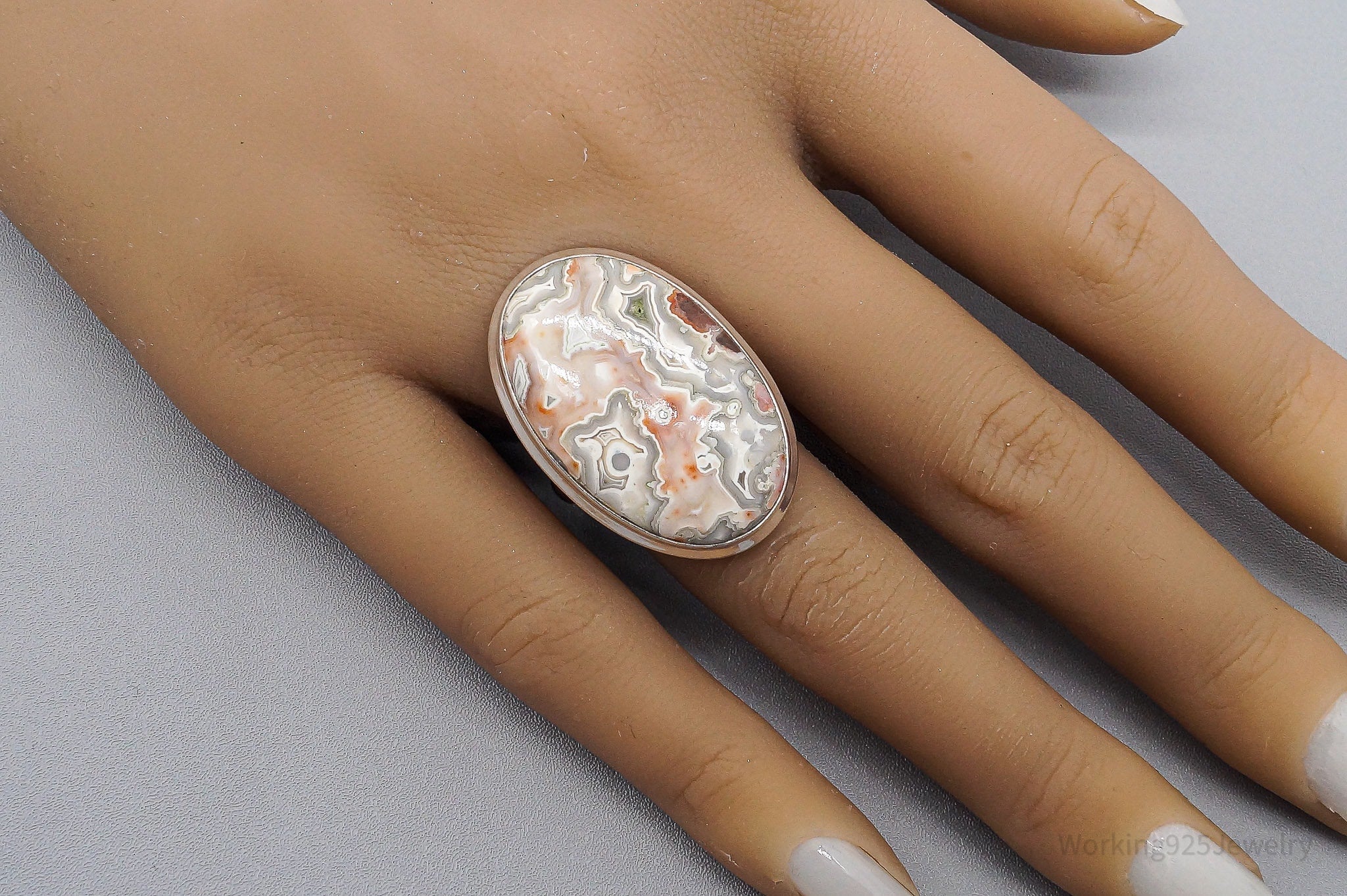 Vintage Large Crazy Lace Agate Sterling Silver Ring - Size 7.75