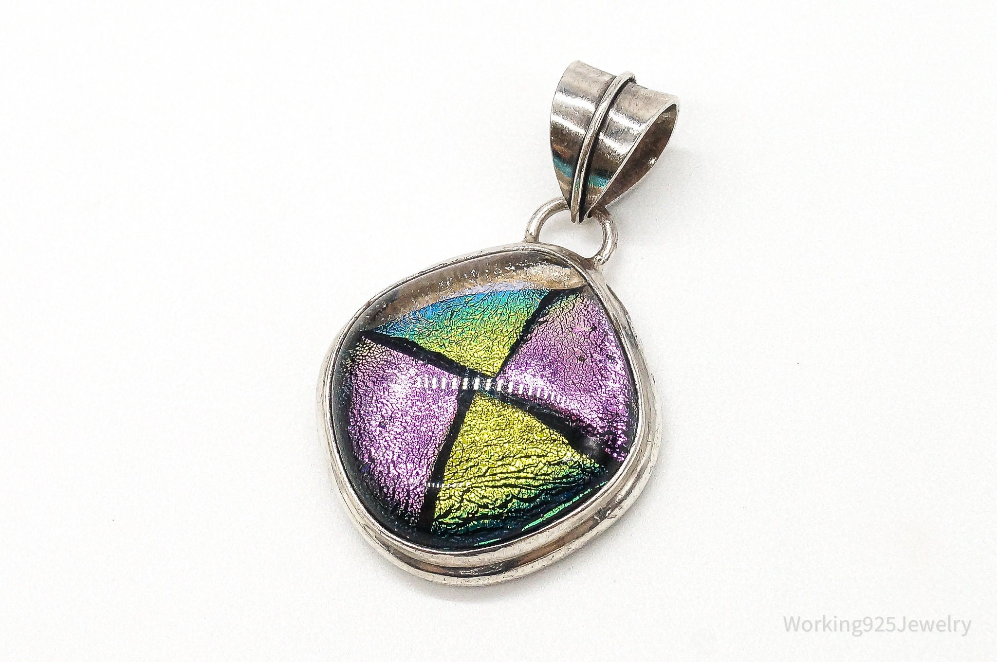 Vintage Large Dichroic Glass Sterling Silver Necklace Pendant