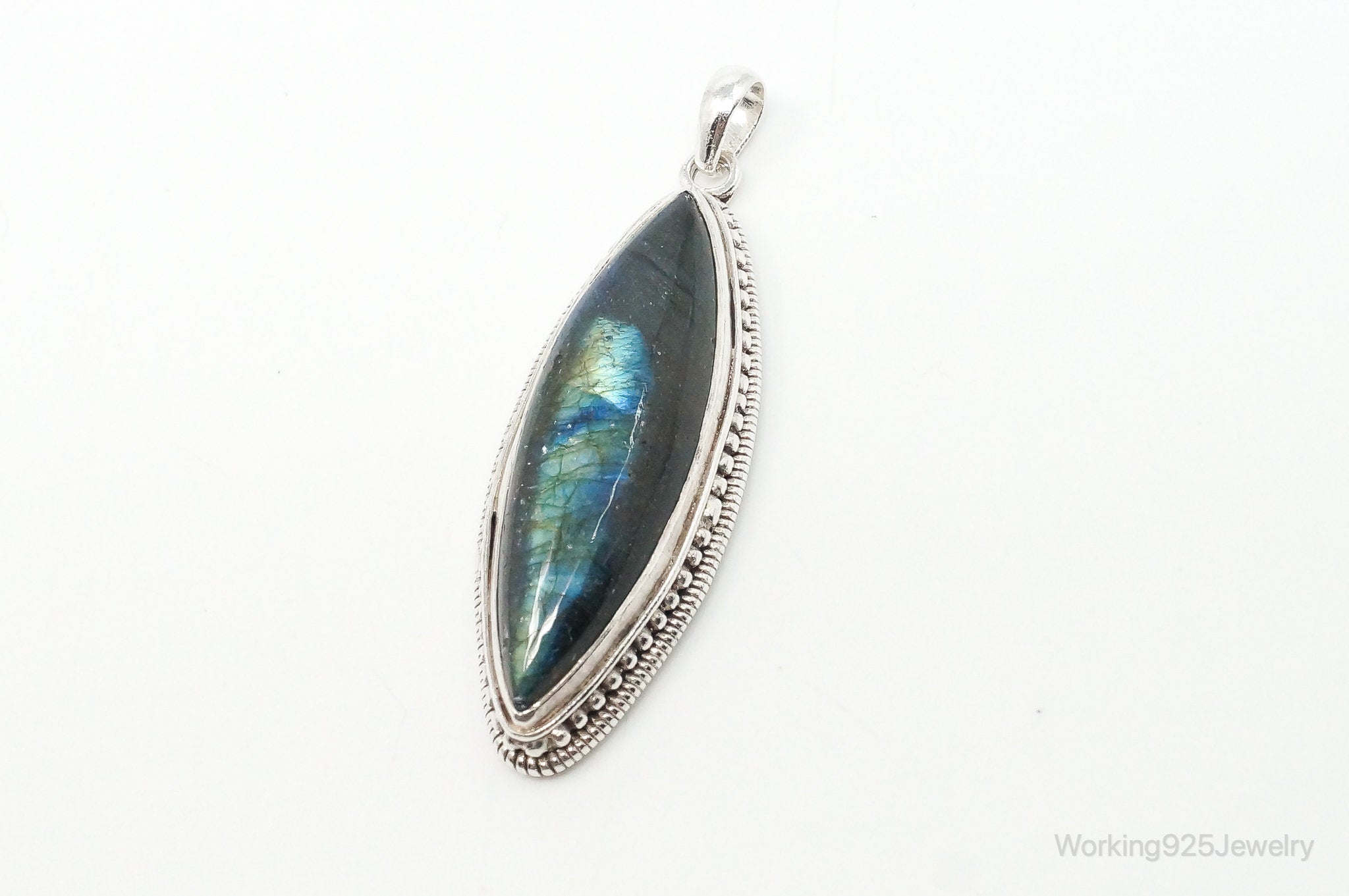 Vintage Long Large Labradorite Sterling Silver Necklace Pendant