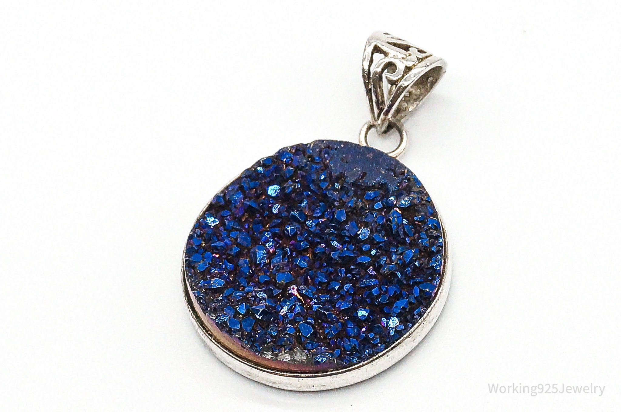 Vintage Large Blue Druzy Quartz Sterling Silver Pendant