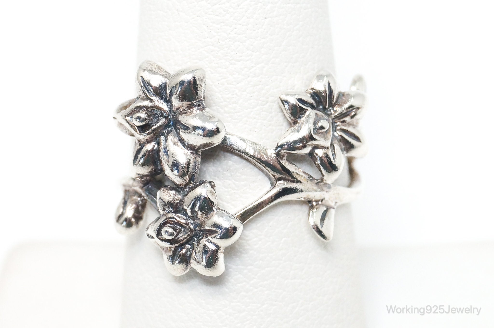 Vintage Modern Flowers Sterling Silver Ring - Size 8