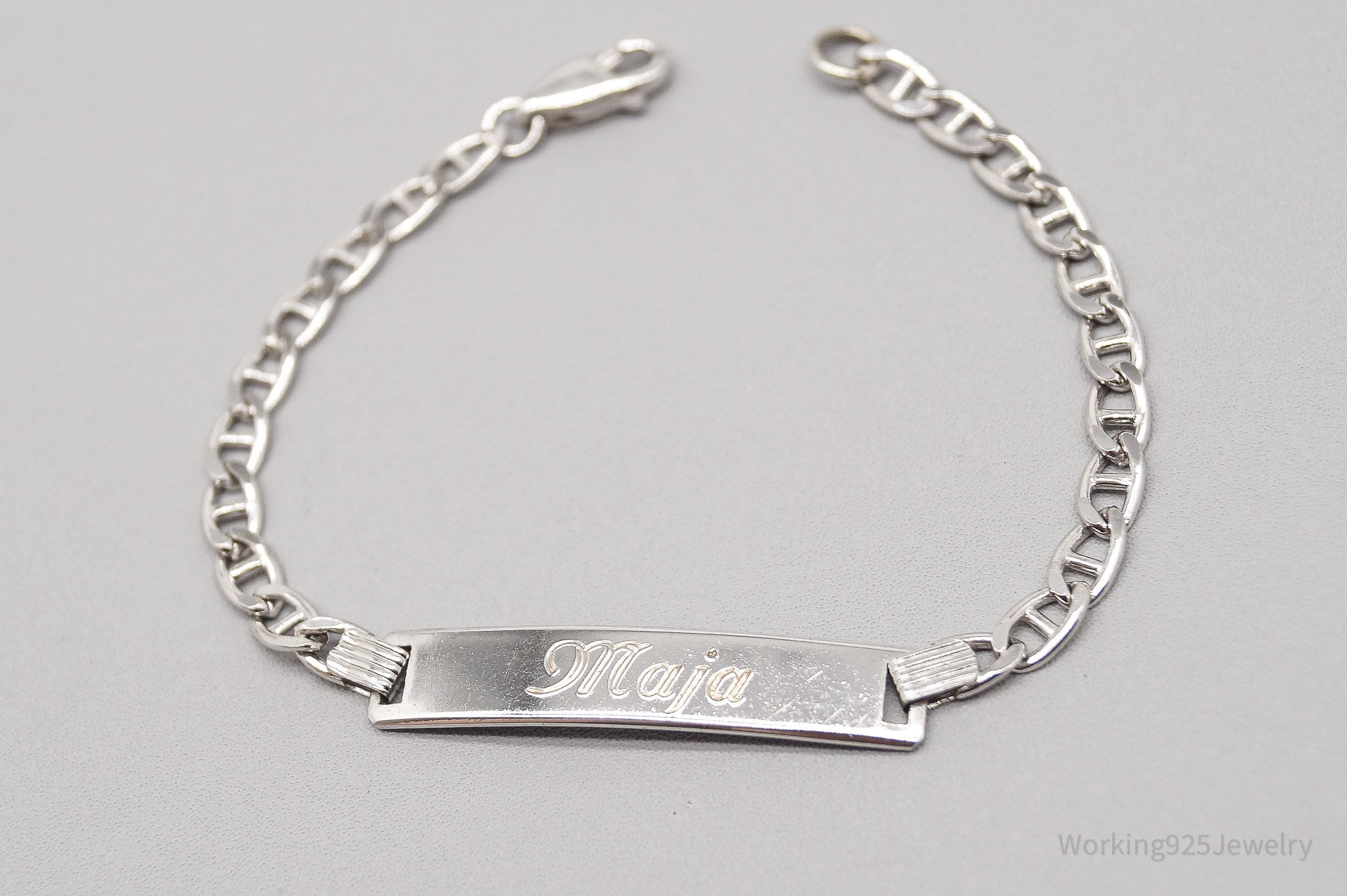 Vintage Mid Century "Maja" Name ID Bar Sterling Silver Bracelet - 6 5/8"