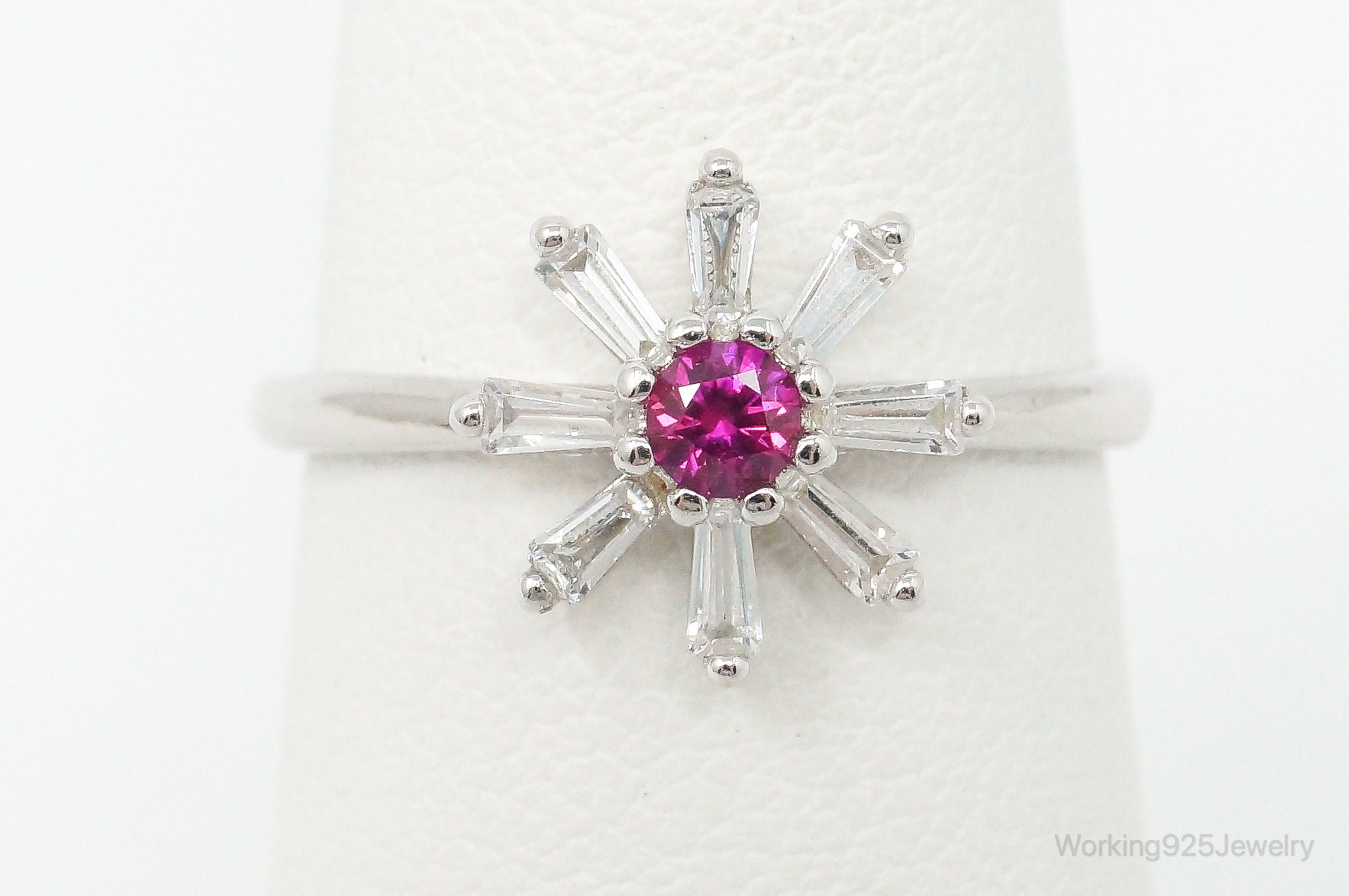 Vintage Pink Topaz & Cubic Zirconia Sterling Silver Flower Ring - Size 6 Adj.