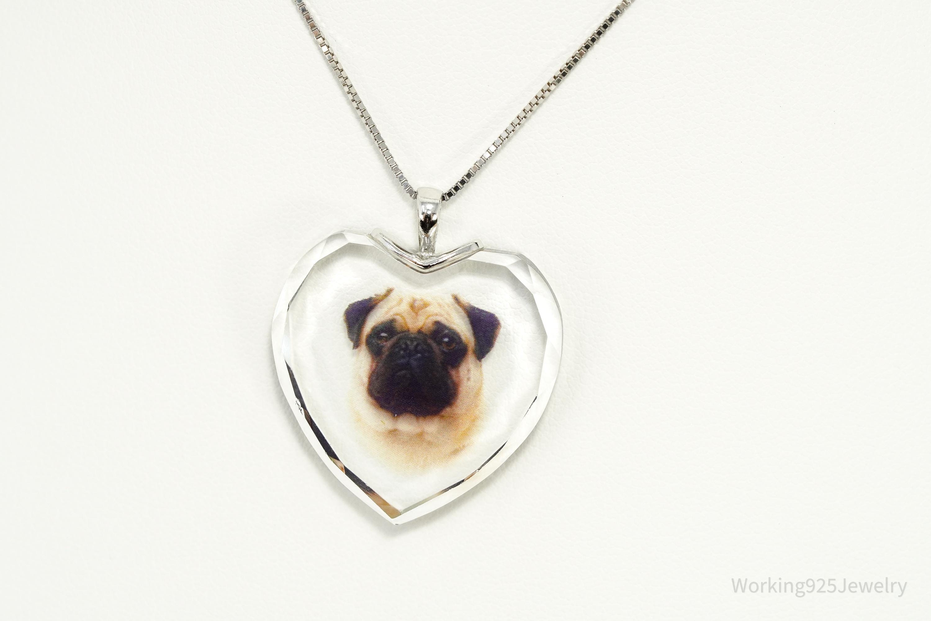 Vintage Bradford Exchange Pug Face Heart Sterling Silver Chain Necklace - 18"
