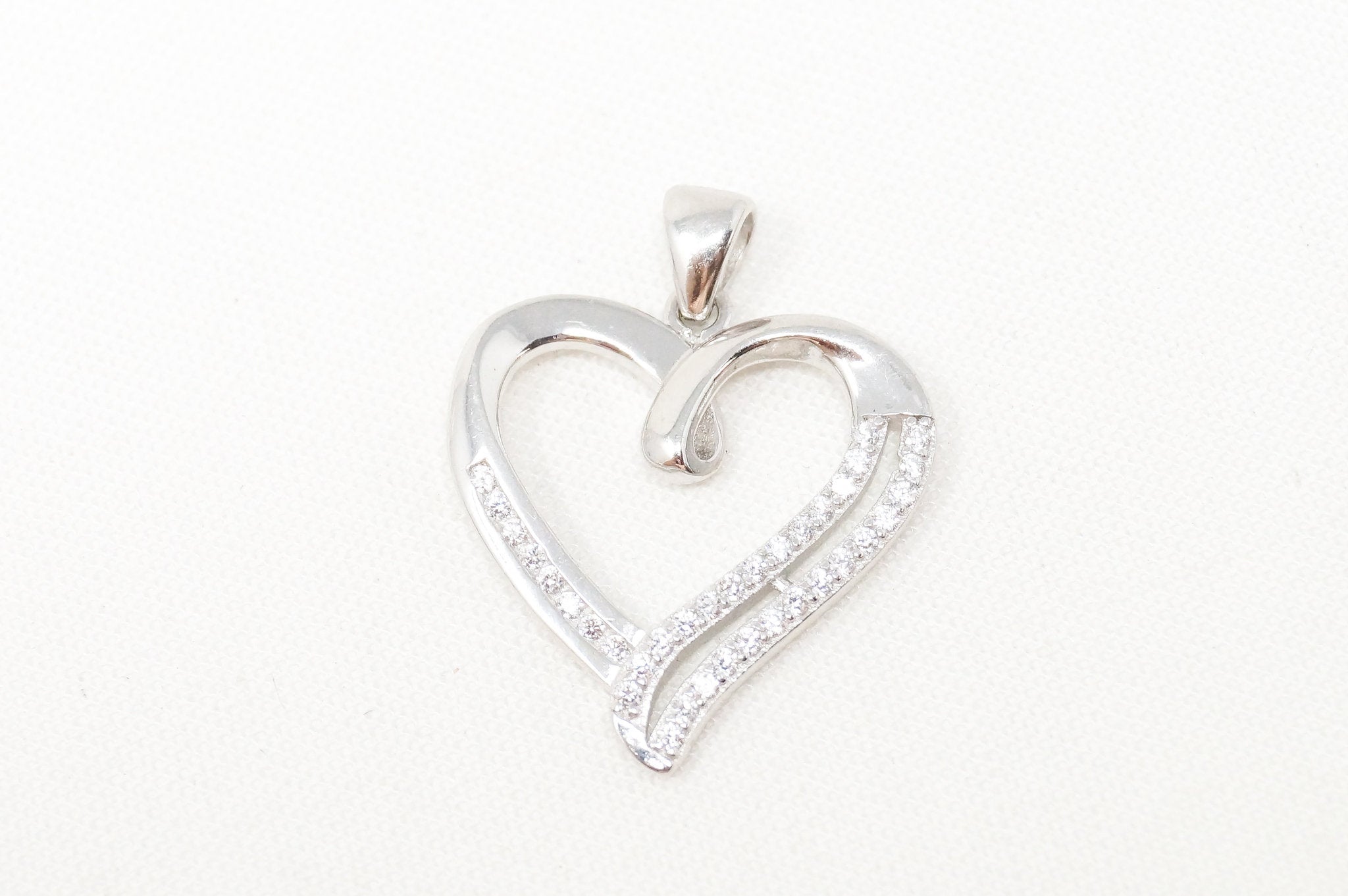 Vintage Open Heart Cubic Zirconia Accented Sterling Silver Necklace Pendant