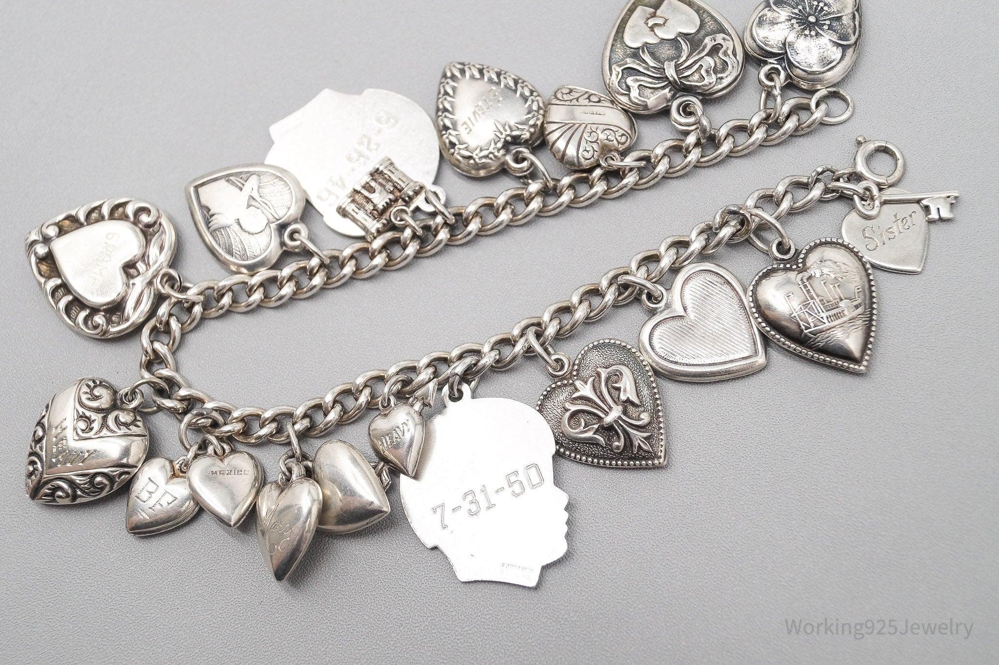 Antique Vintage Puffy Hearts Charms Sterling Silver Charm Bracelet