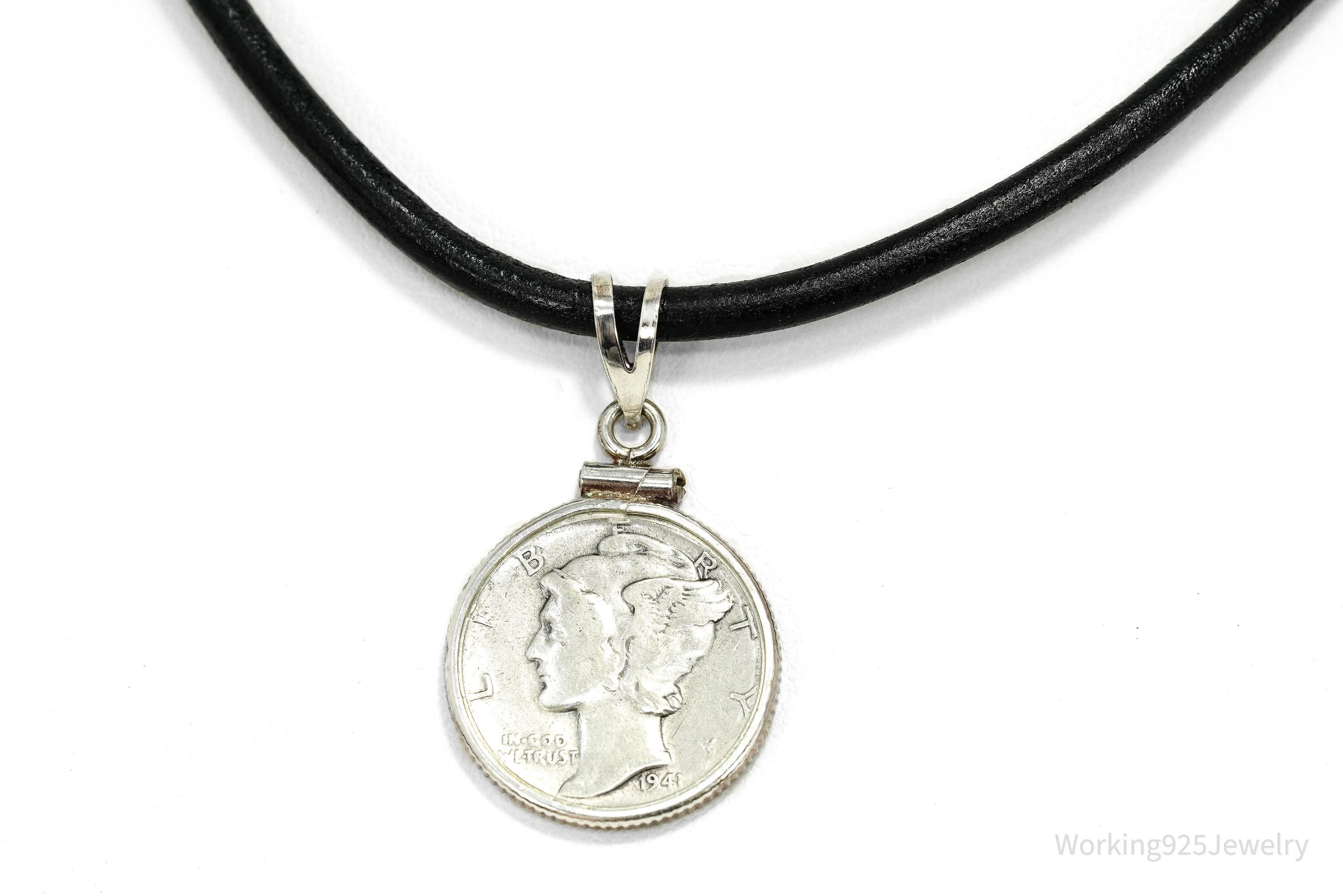 Vintage 1941 Mercury Dime Coin Silver Pendant Leather Cord Necklace 17"