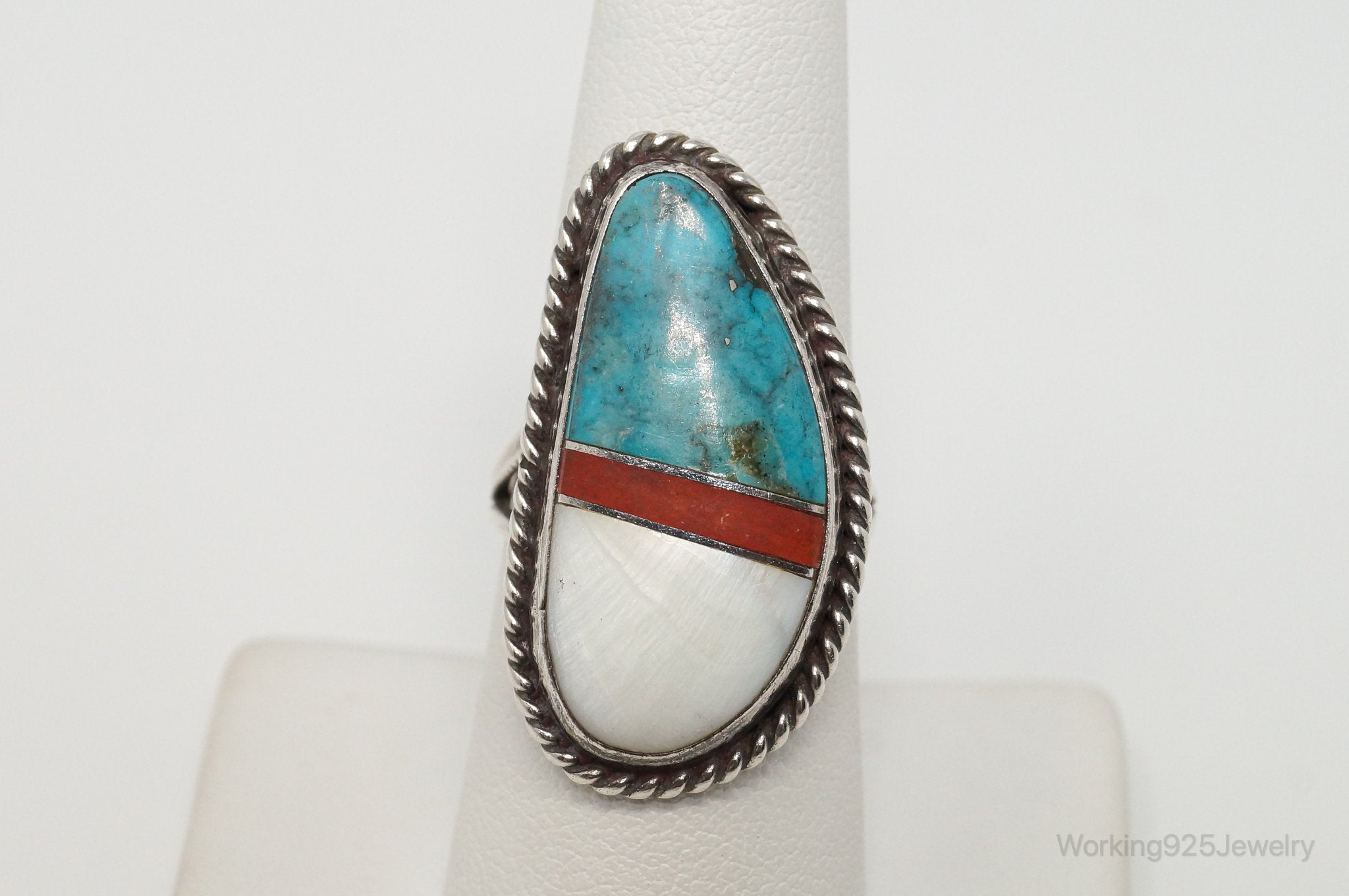 Vintage Native American Multi Gem Unsigned Sterling Silver Ring - Sz 7.75