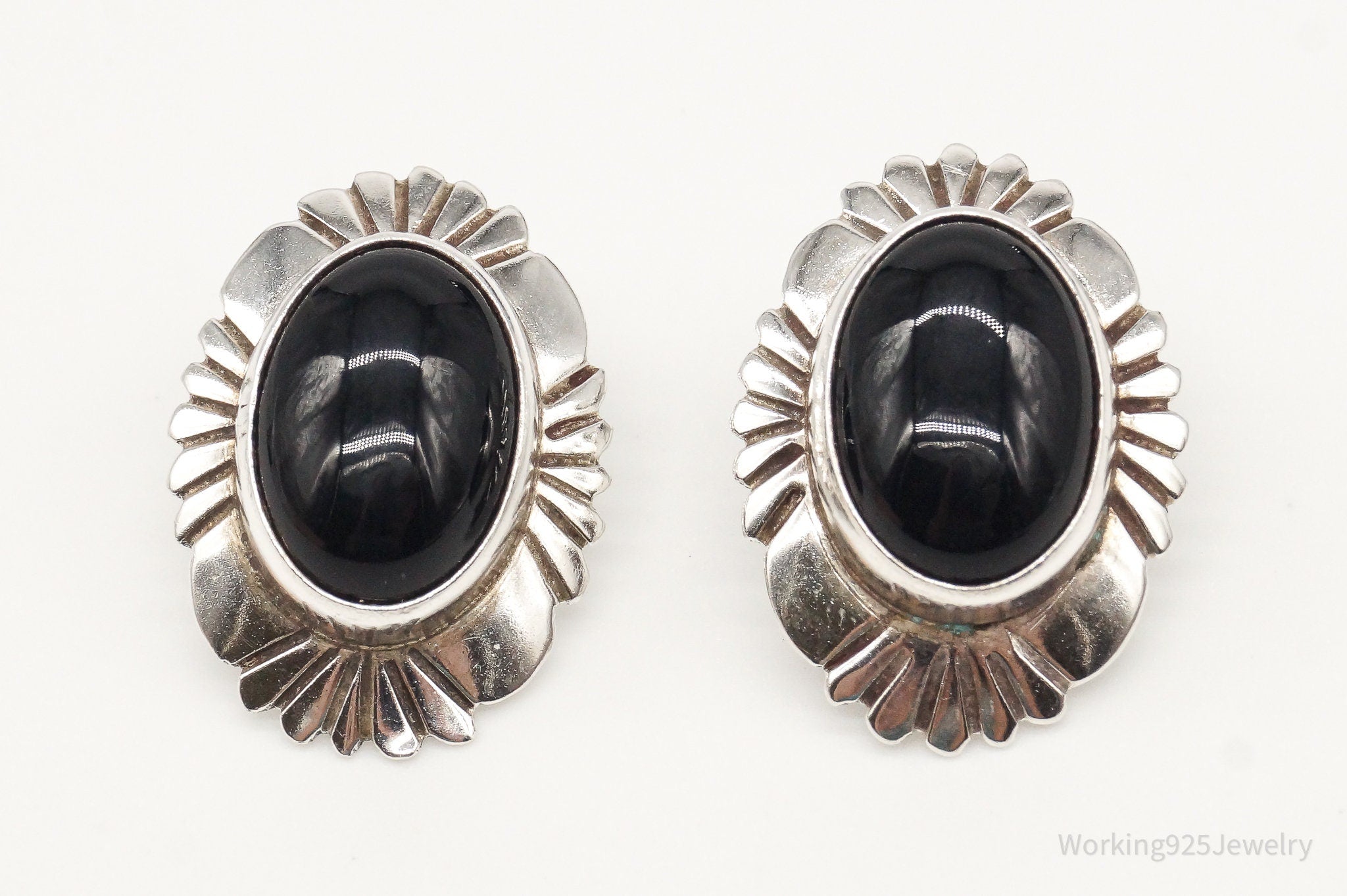 Vintage Native American EB Black Onyx Sterling Silver Earrings