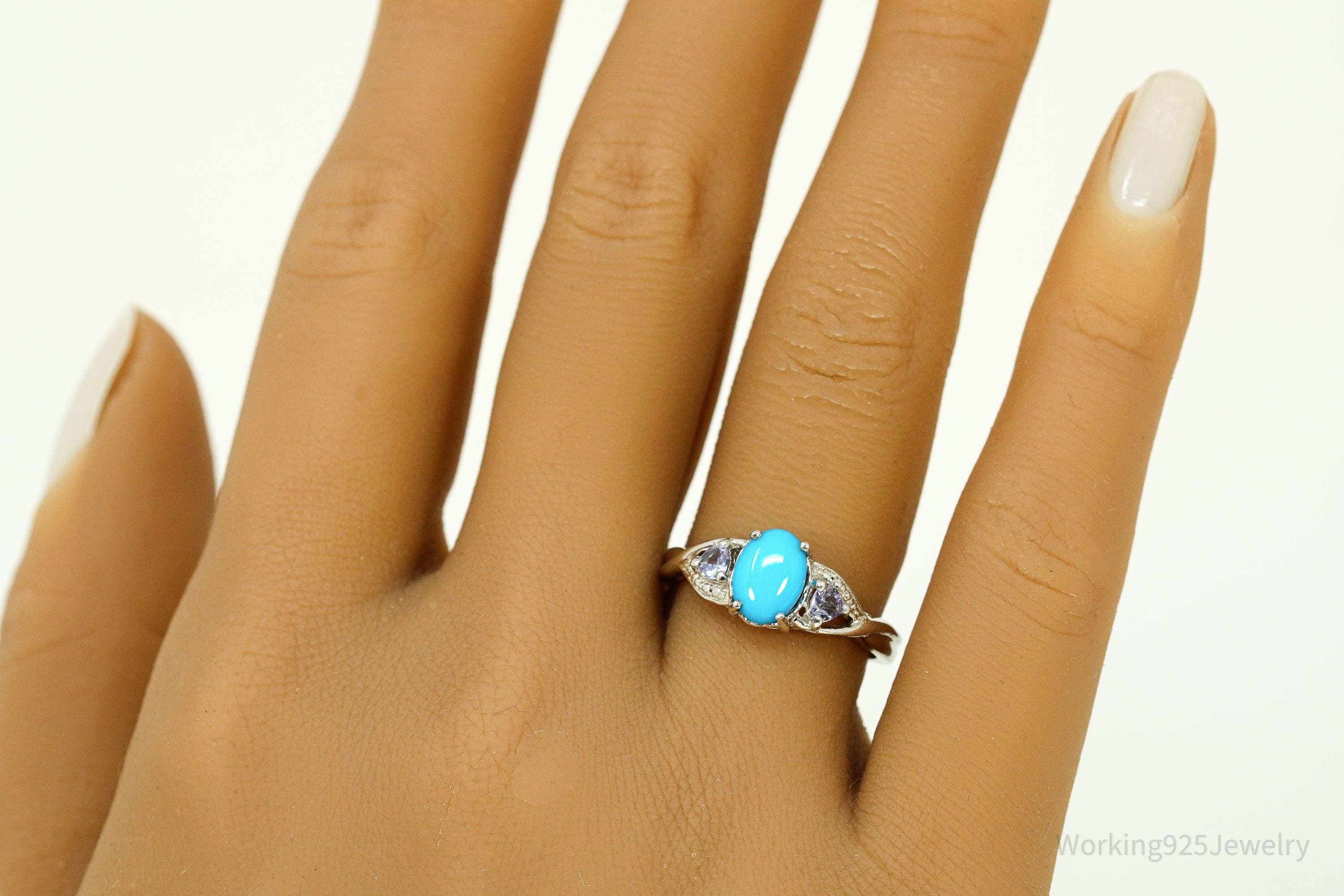 Vintage Blue Turquoise & Tanzanite Sterling Silver Ring - Size 7.25