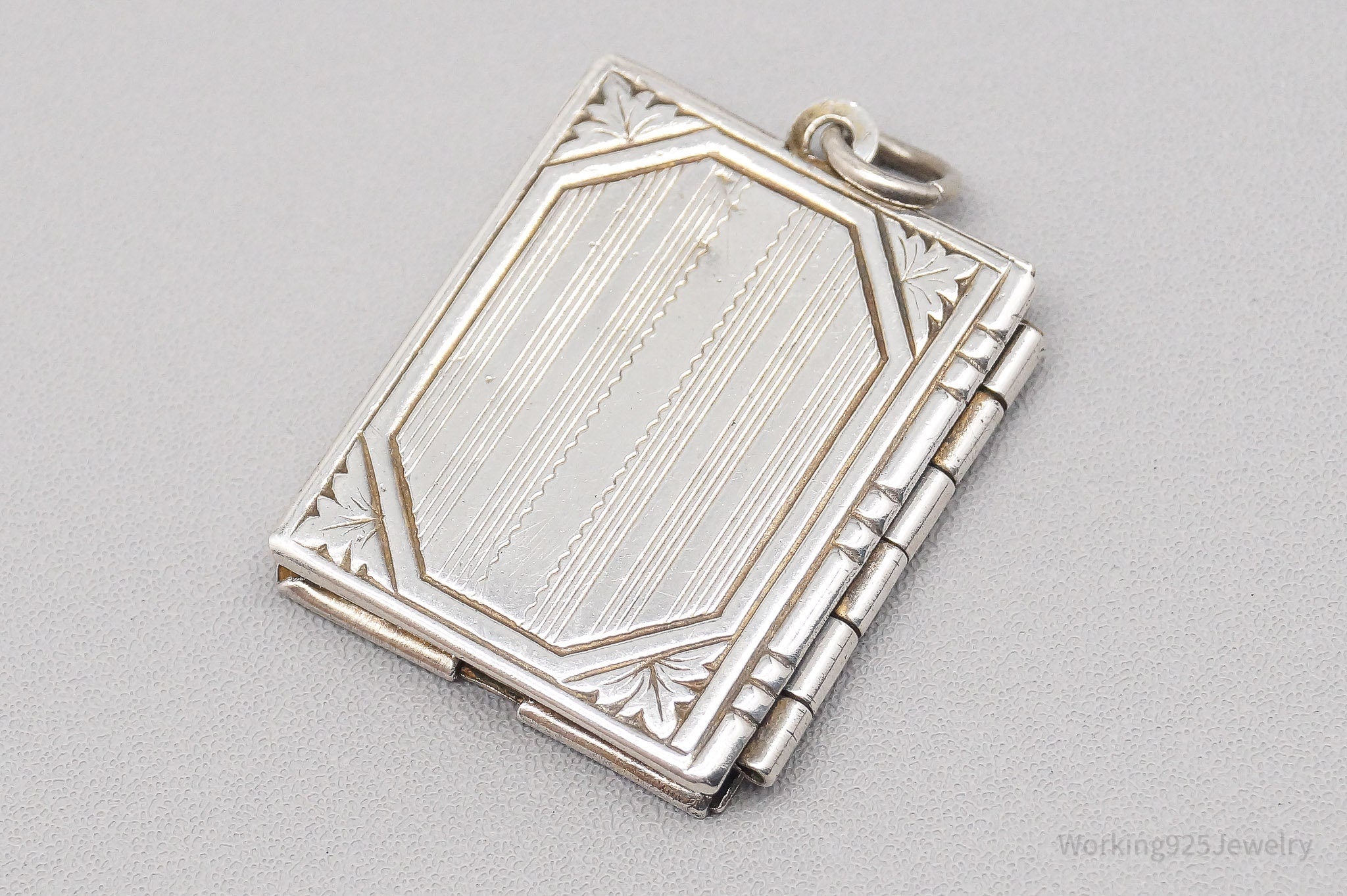 Antique Etched Sterling Silver Secret Book Locket Necklace Pendant