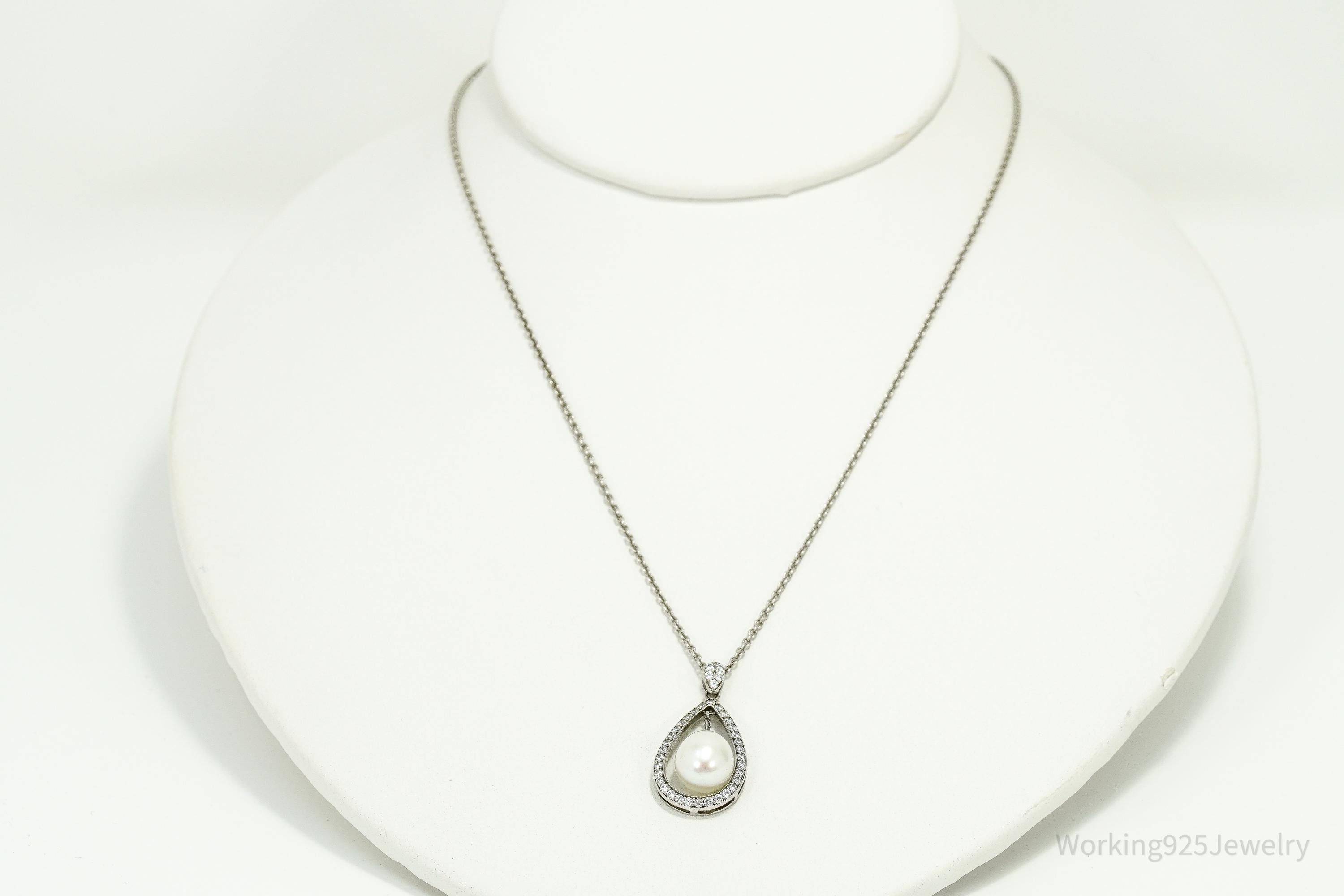 Vintage Pearl & Cubic Zirconia Sterling Silver Necklace 17"