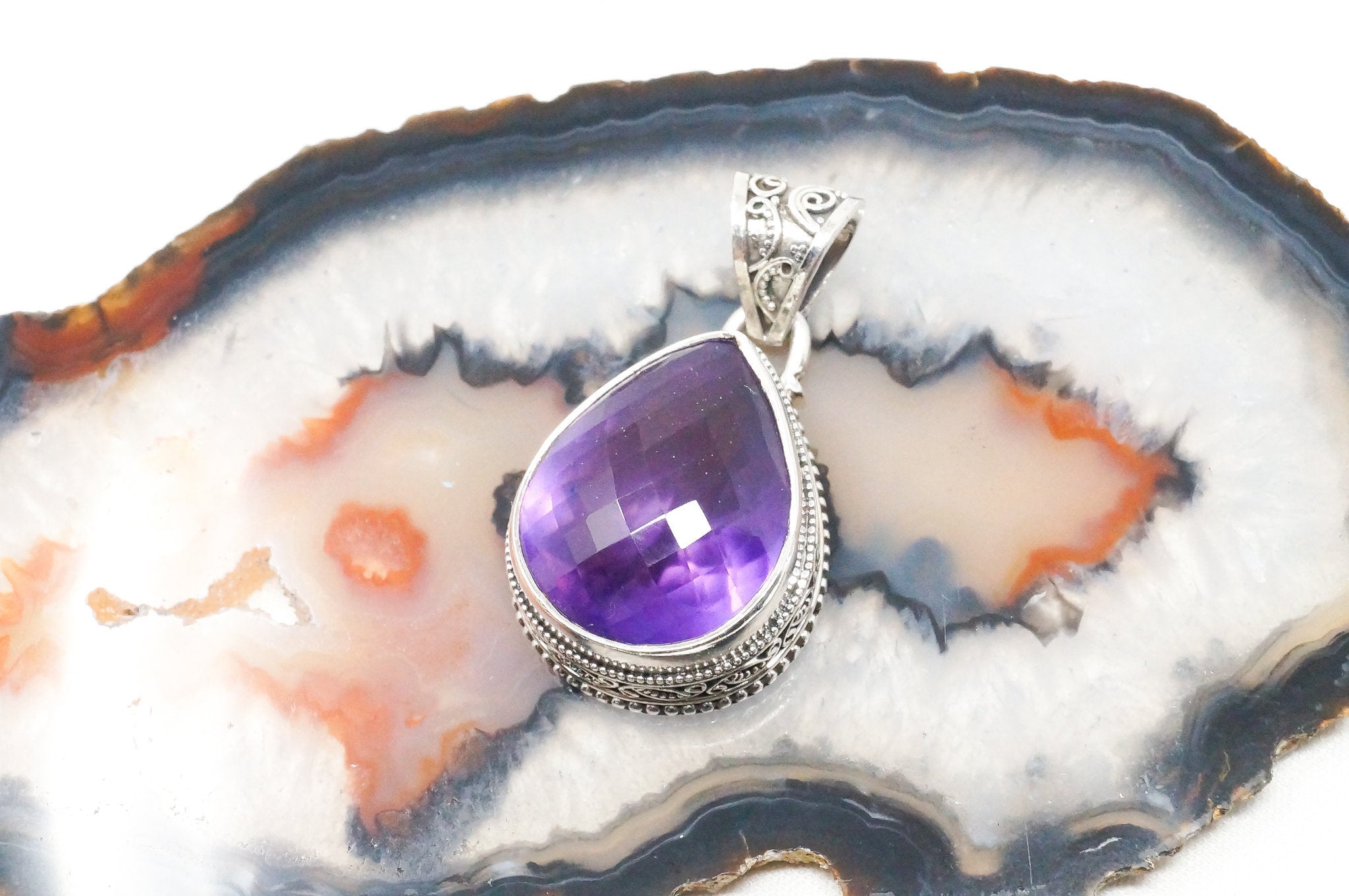 Vintage Large Purple Amethyst Bali Scroll Sterling Silver Necklace Pendant