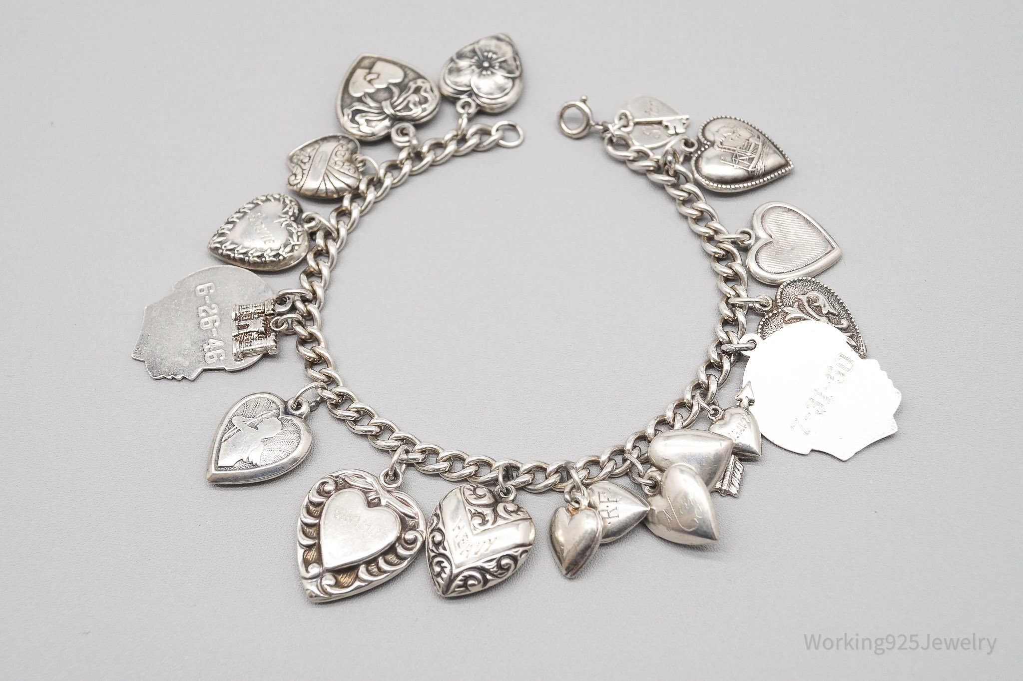 Antique Vintage Puffy Hearts Charms Sterling Silver Charm Bracelet