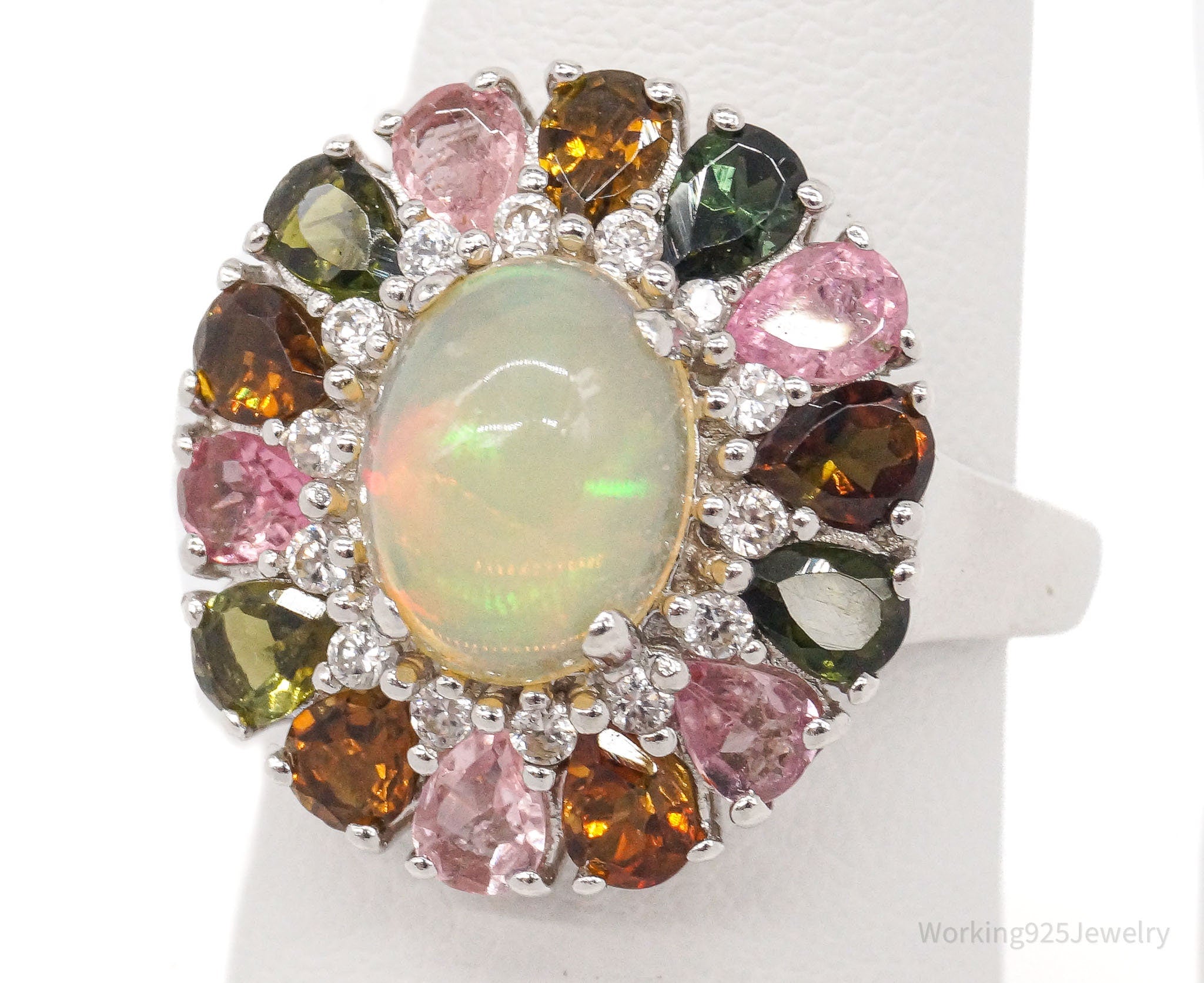 Ethiopian Opal Multicolored Tourmaline Zircon Rhodium Sterling Silver Ring SZ 8