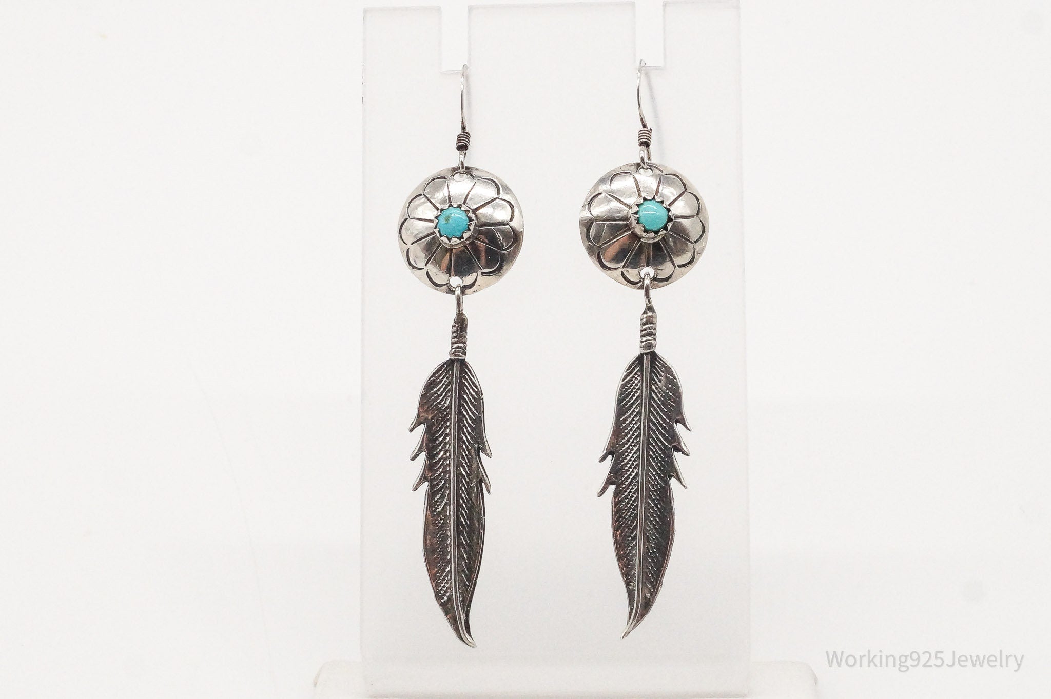 Vintage Native American Turquoise Feather Silver Earrings