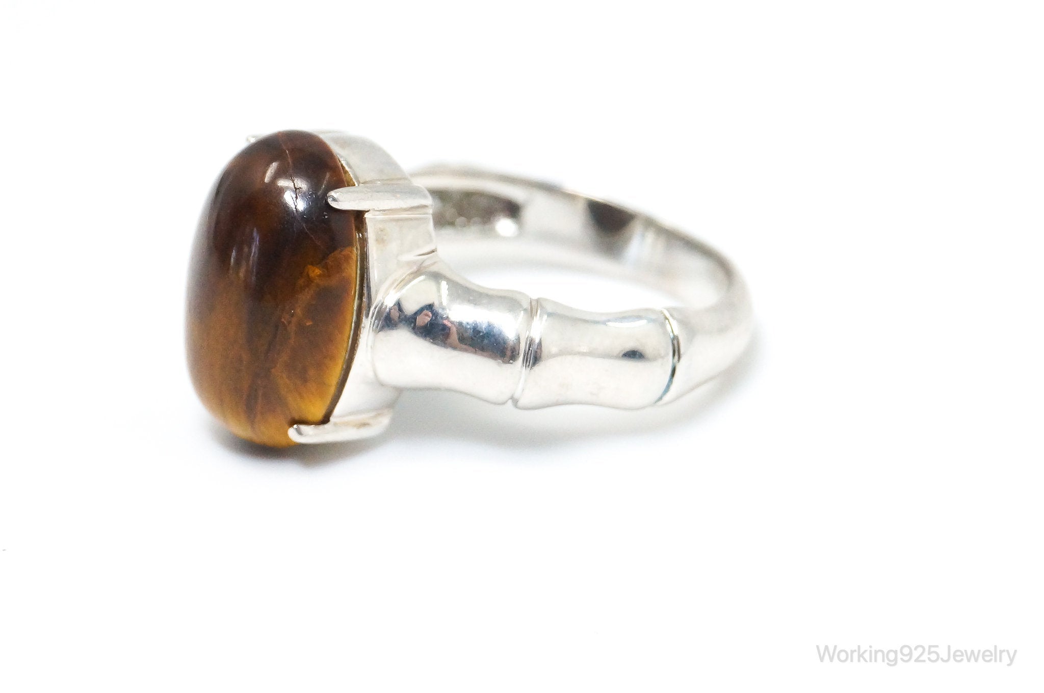 Vintage Tigers Eye Bamboo Design Sterling Silver Ring - Size 6