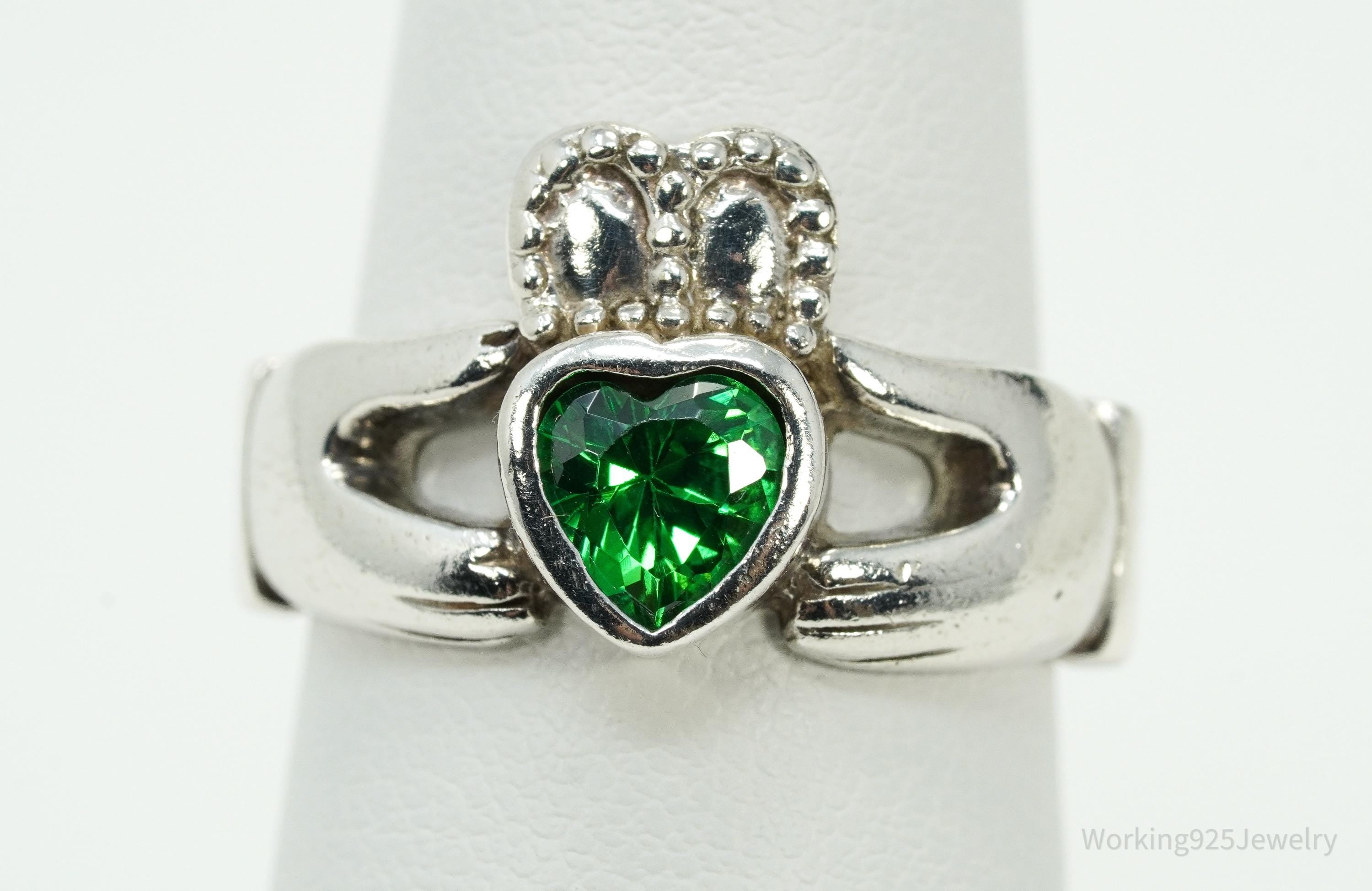 Vintage Green Tourmaline Heart Claddagh Sterling Silver Ring - Size 7.75