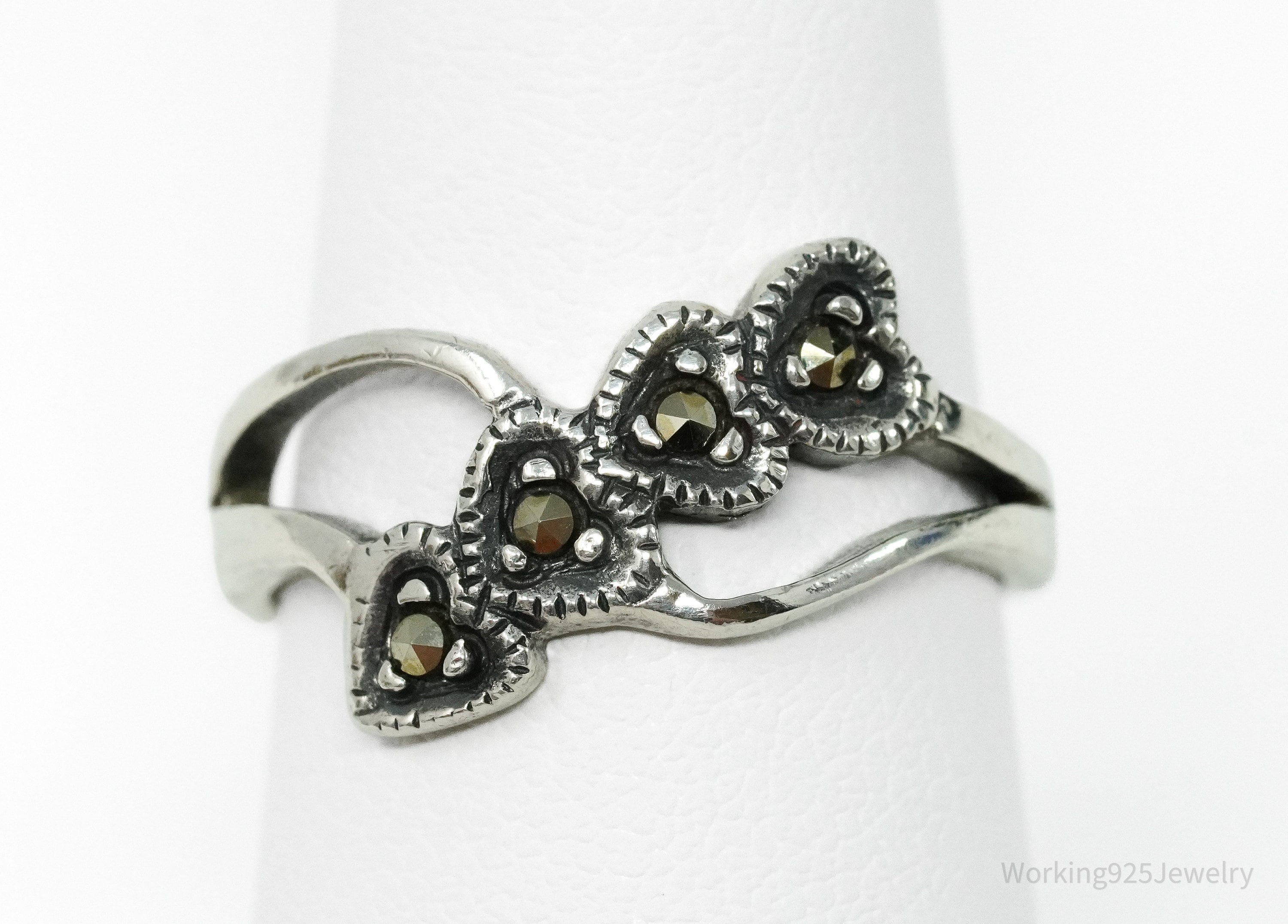 Vintage Marcasite Hearts Sterling Silver Ring - Size 6.75