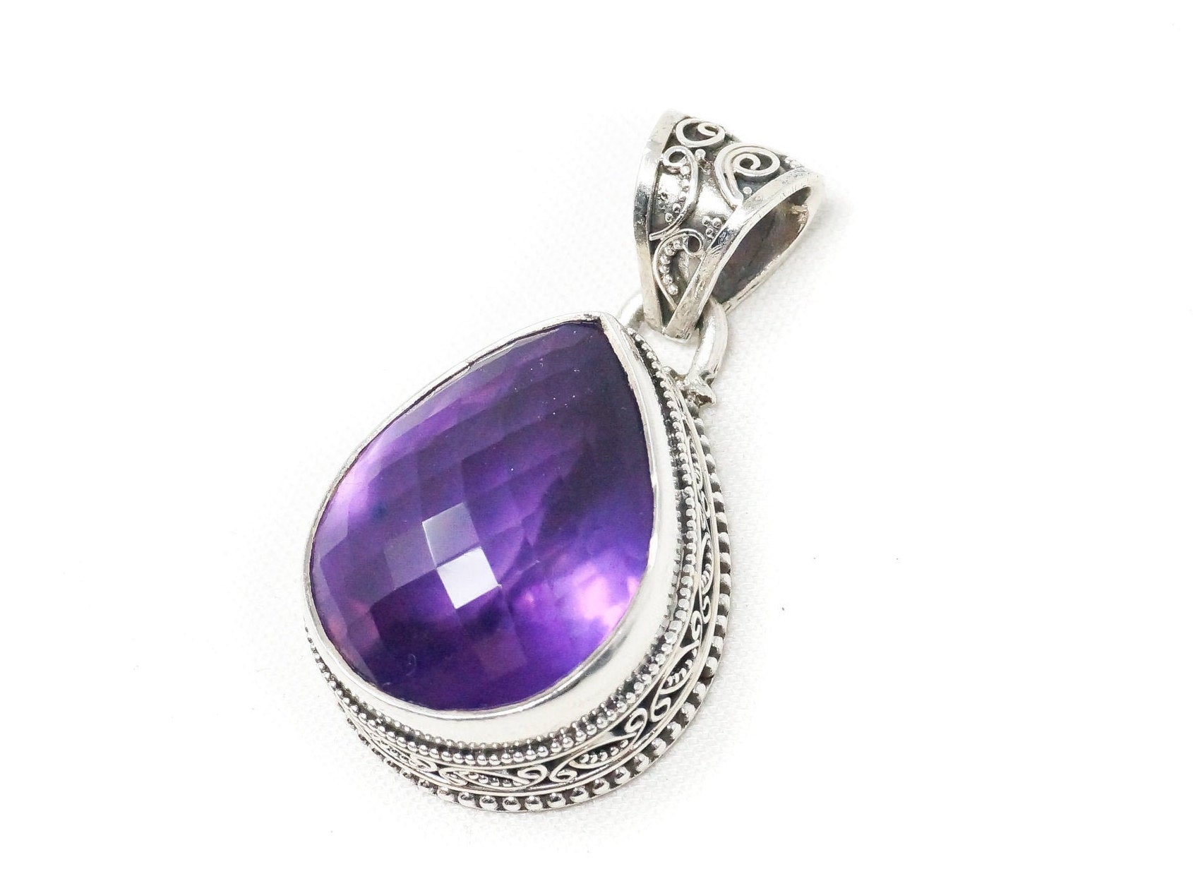 Vintage Large Purple Amethyst Bali Scroll Sterling Silver Necklace Pendant