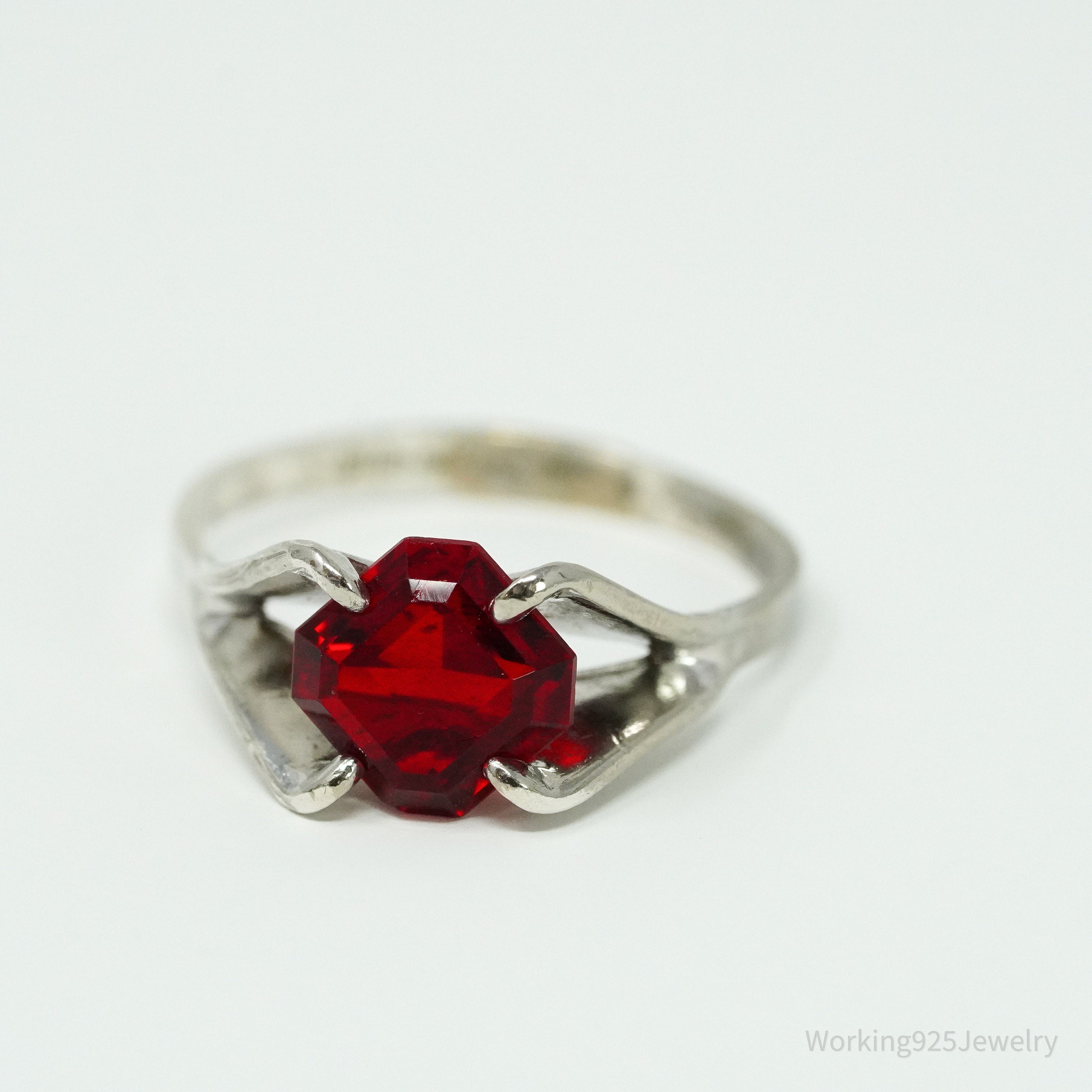 Vintage Antique Espo Red Art Glass Sterling Silver Ring Size 6