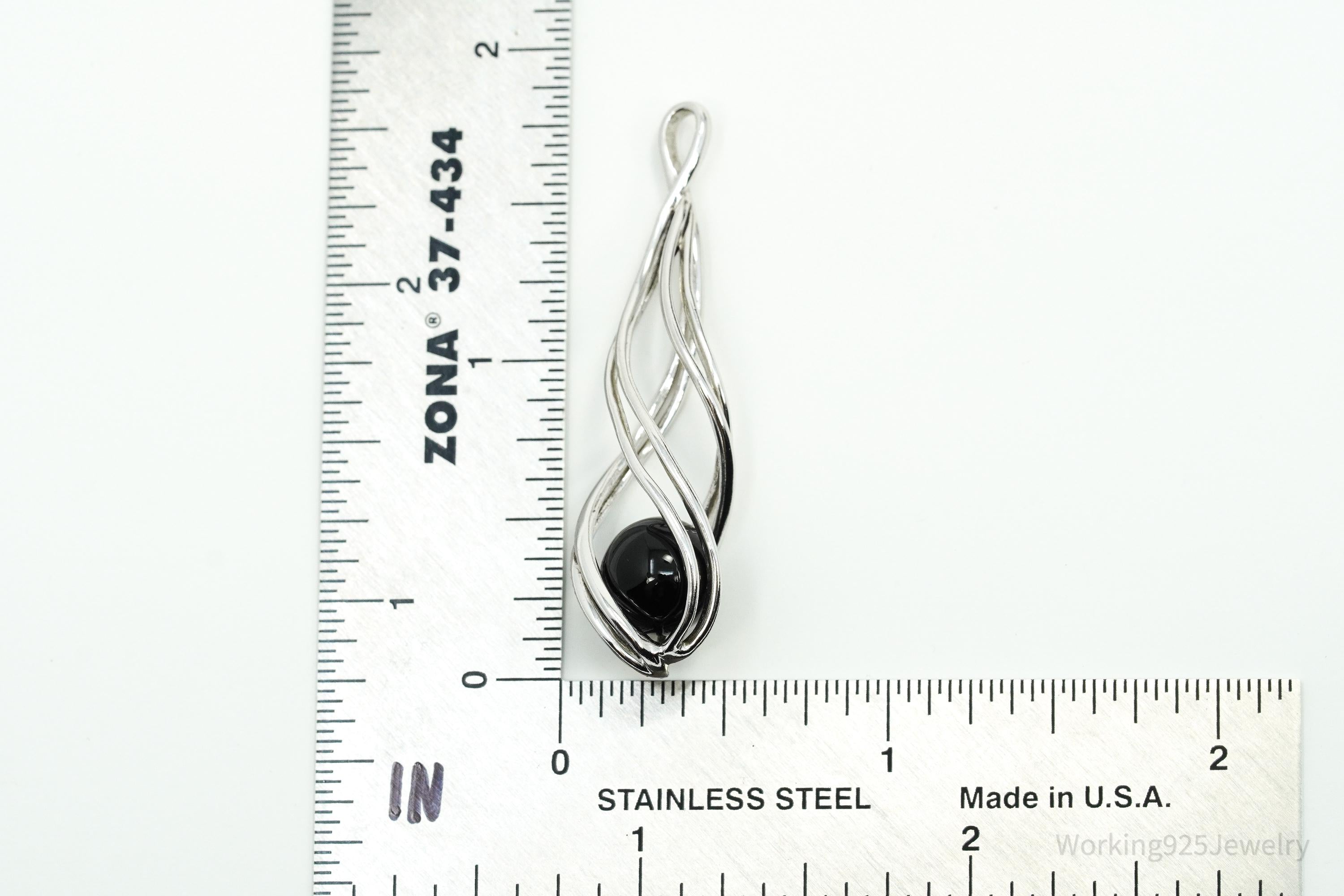 Vintage Designer Spiral Caged Black Onyx Sterling Silver Necklace Pendant