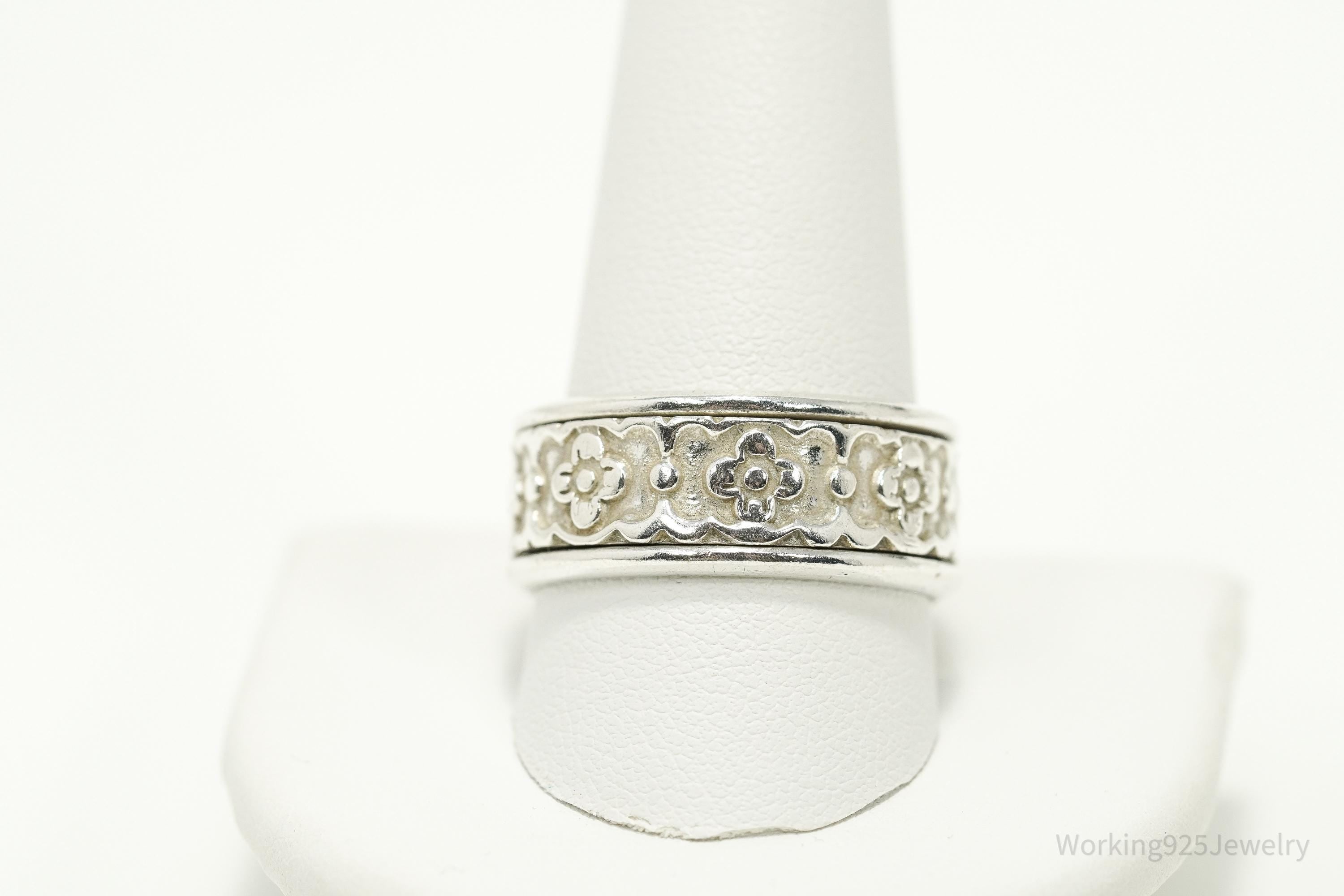 Vintage Mexico Flowers Pattern Sterling Silver Band Ring - Size 11.5