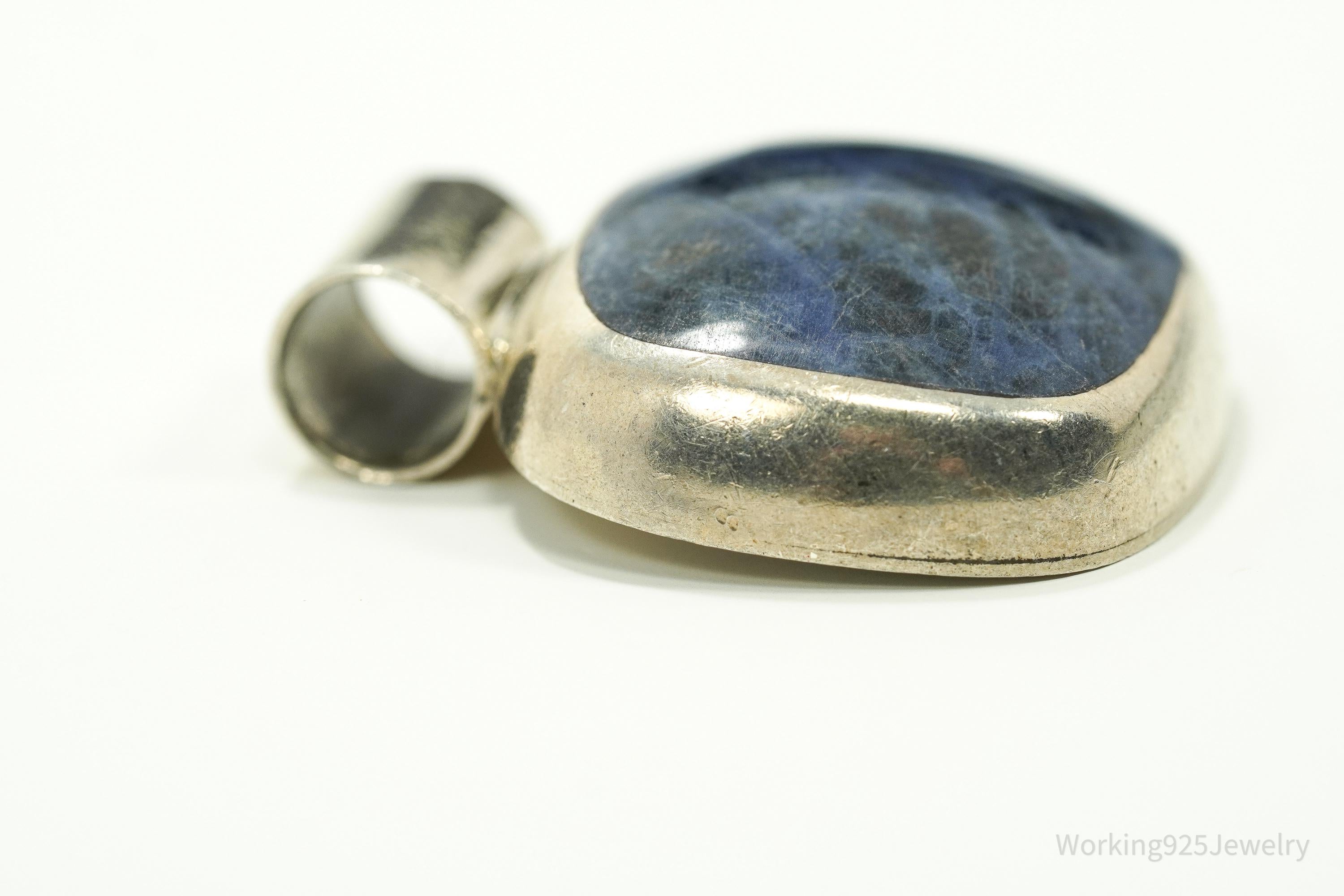 Vintage Large Mexico Modernist Style Sodalite Sterling Silver Pendant 1 9/16"