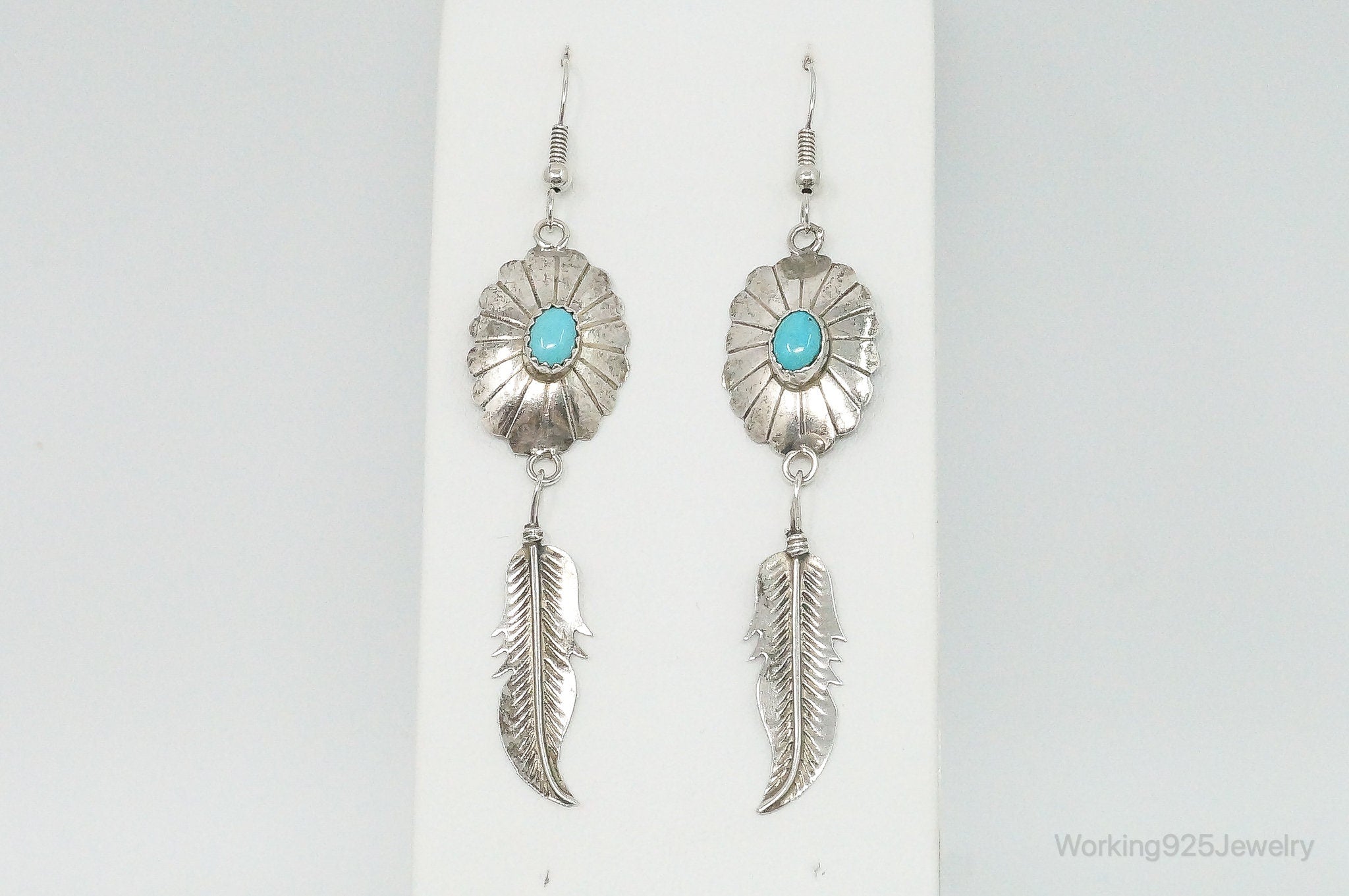 Vintage Native American Turquoise Feather Sterling Silver Earrings