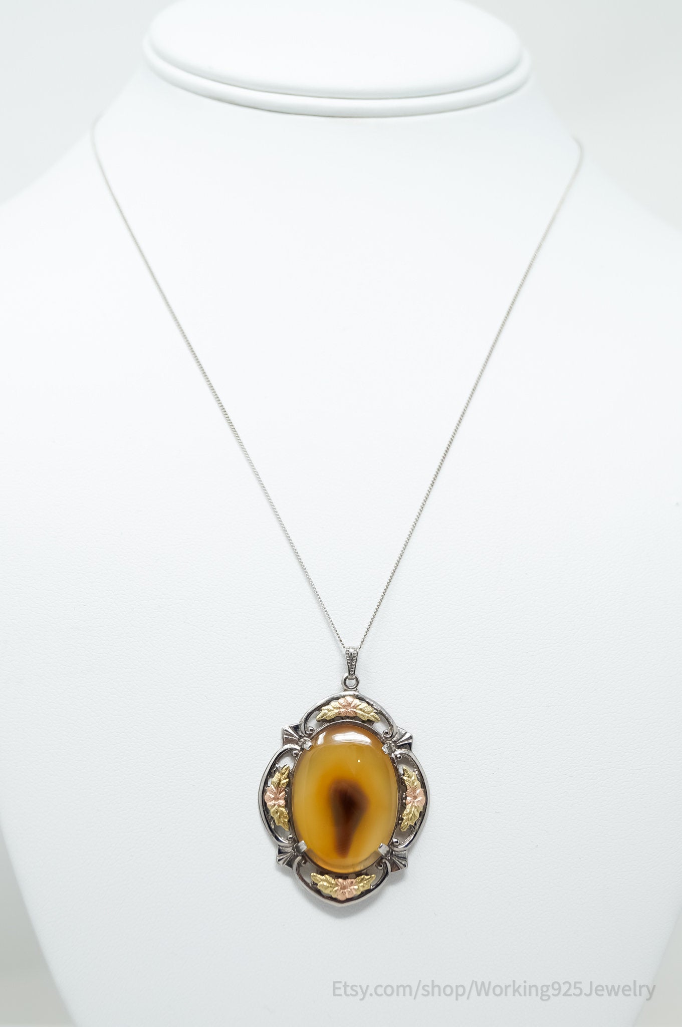 Vtg LSP Co Orange Lace Agate Black Hills 12k Gold Sterling Silver Pendant