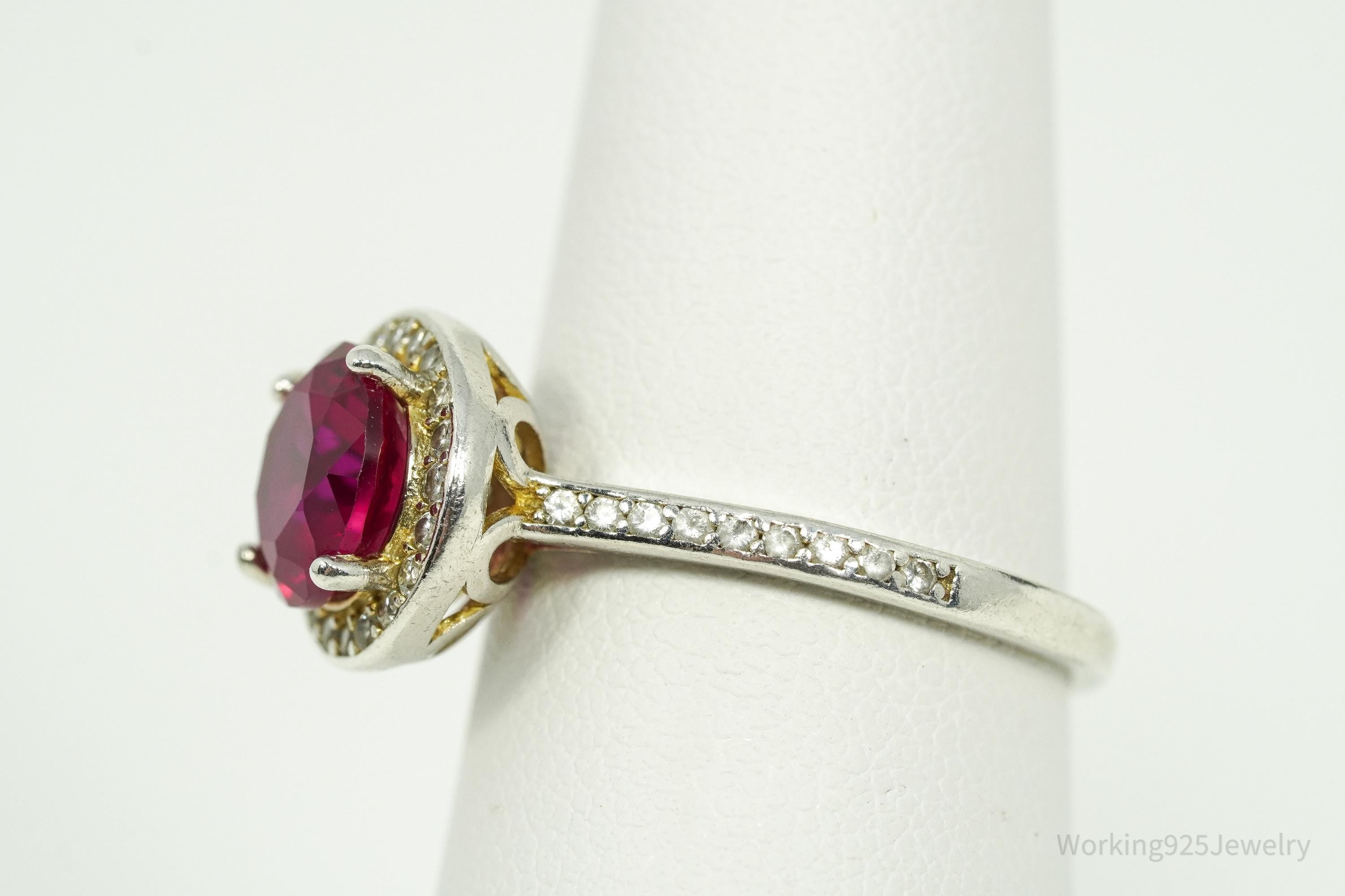 Vintage Ruby & Cubic Zirconia Sterling Silver Ring - Size 7