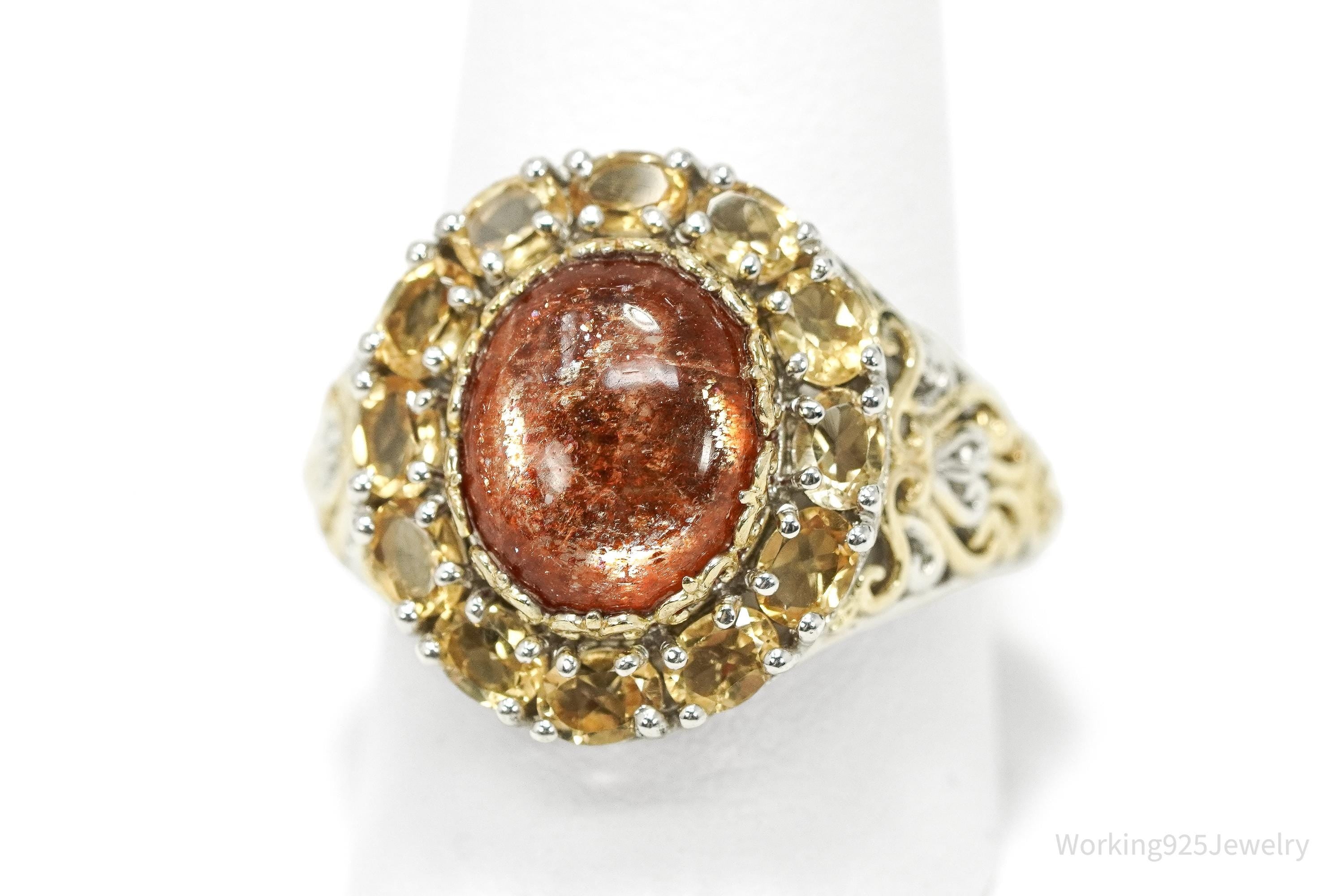 Vintage Goldstone & Citrine Gold Vermeil Sterling Silver Ring - Size 10.25