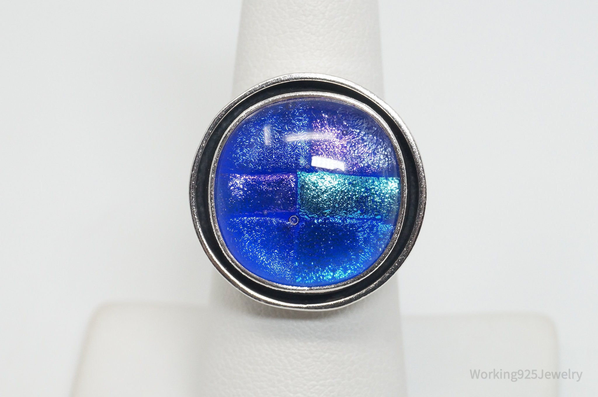 Vintage Mexico CII Blue Purple Dichroic Glass Galaxy Sterling Silver Ring - Sz 7