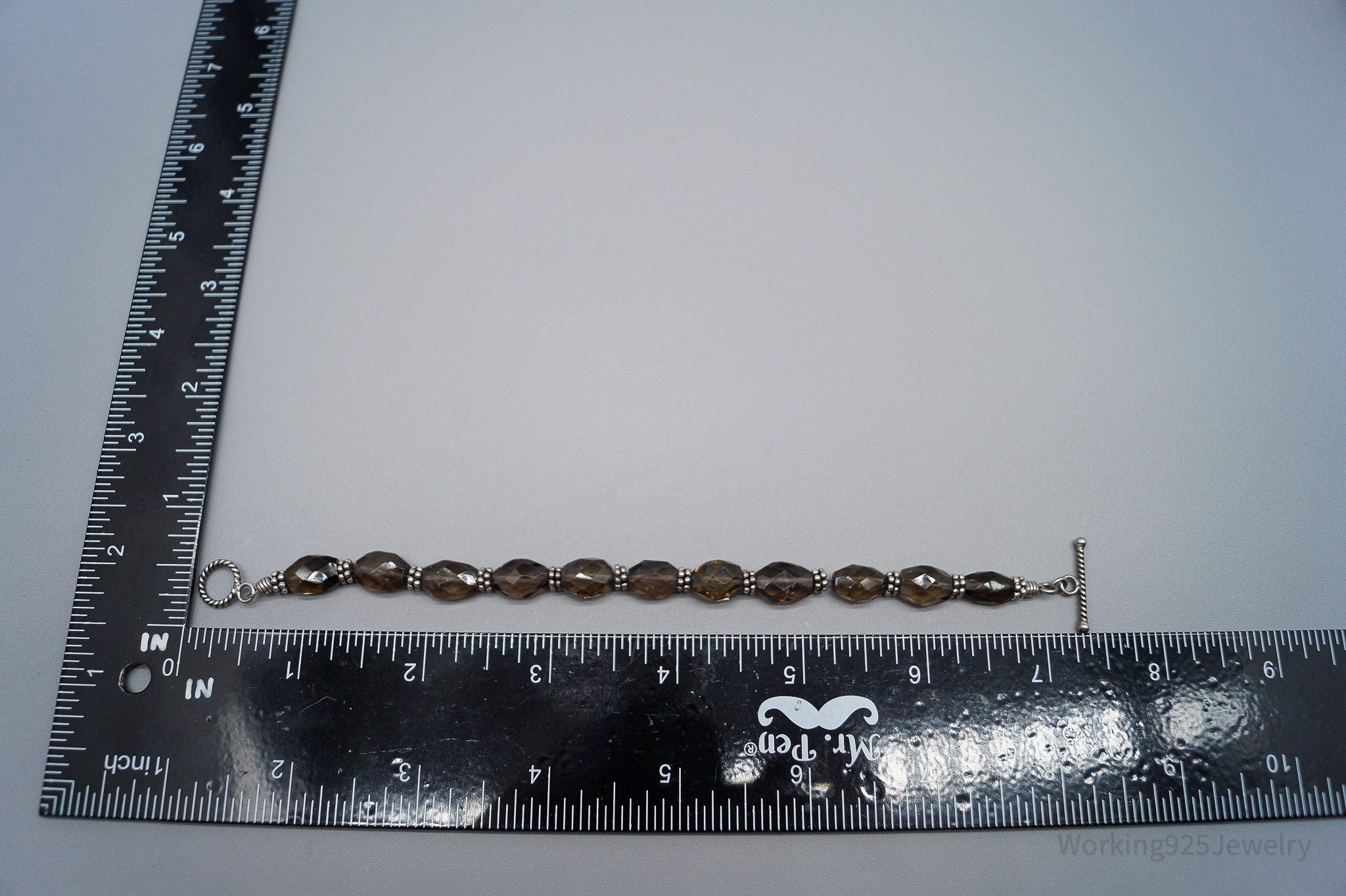 Vintage Smoky Topaz Bead Silver Toggle Bracelet - 7.5"