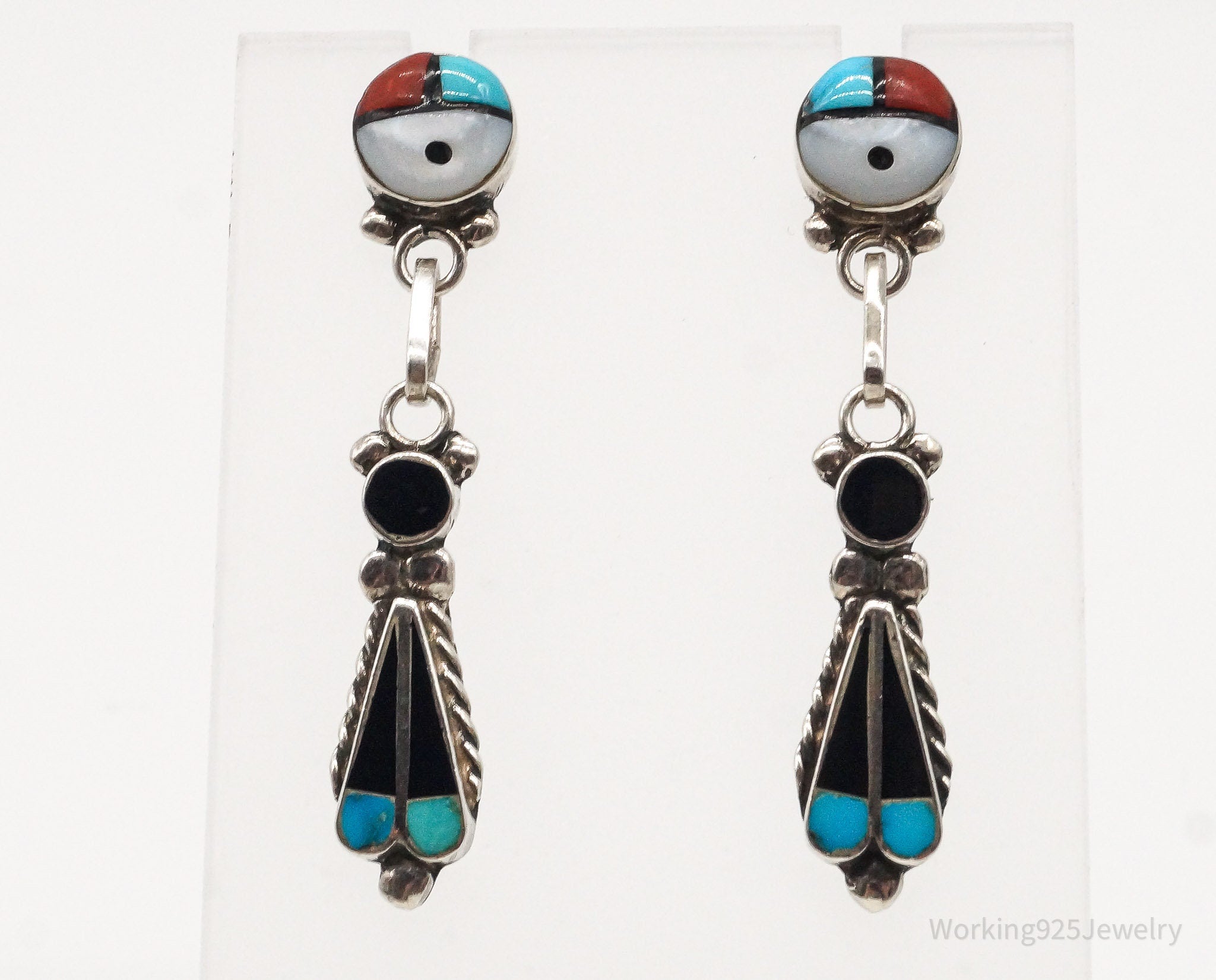 Vintage Native American Zuni Multi Gemstone Silver Earrings