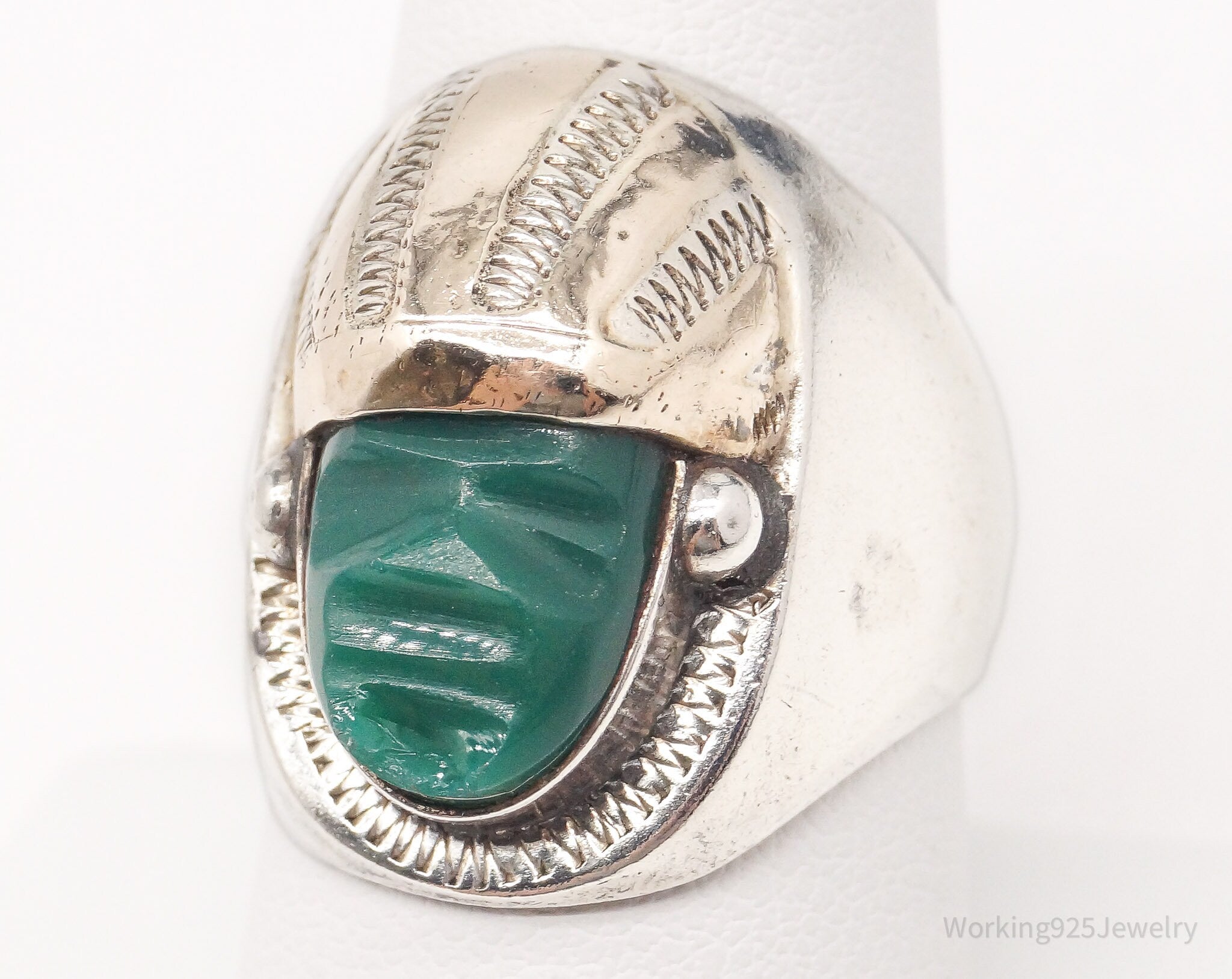 Vintage Green Onyx Aztec Warrior Gold Sterling Silver Ring - Size 8.25