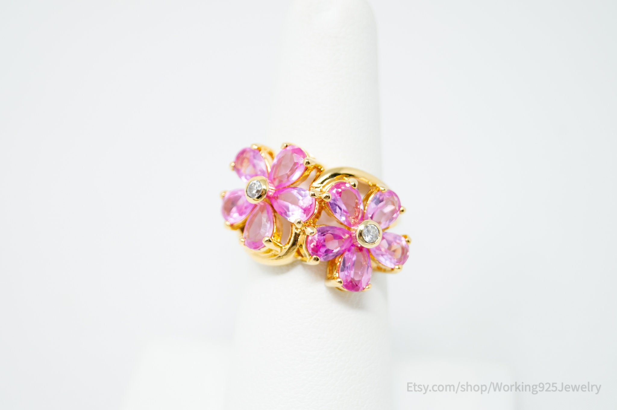 Vintage Pink Topaz Gold Vermeil CZ Statement Ring Sterling Silver - Size 5.75